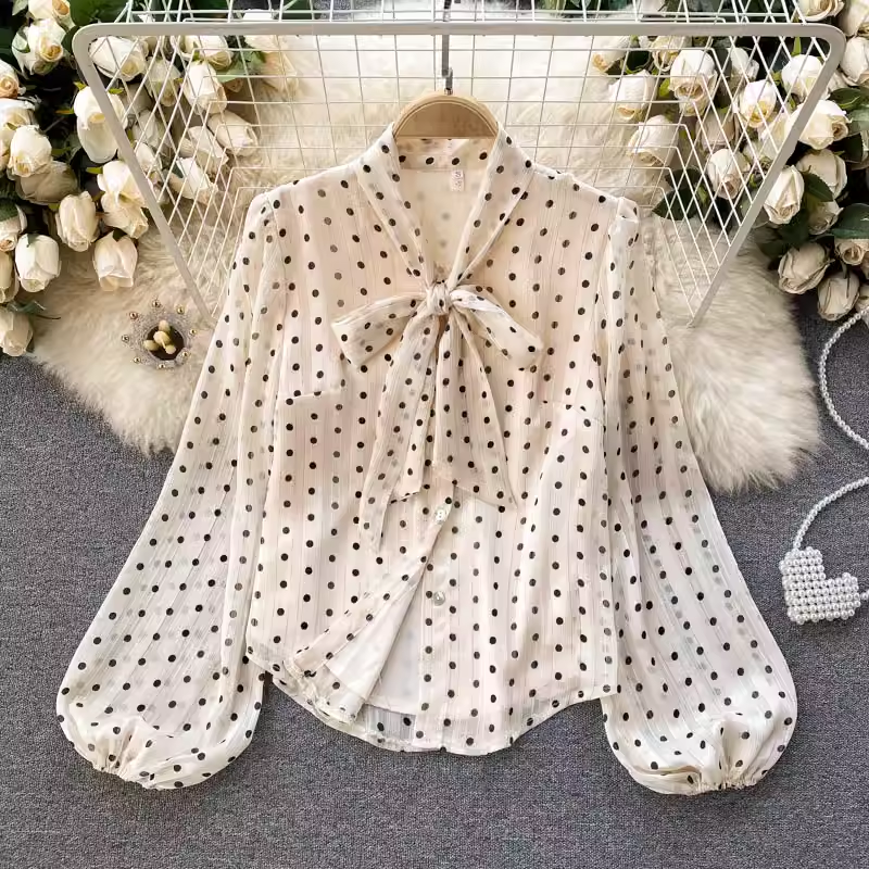 Elegant Chiffon V-Neck Bow Puff Sleeve Polka Dot Blouse for Women | Summer Casual & Party Wear | Perfect for Office, Date Night & Special Occasions