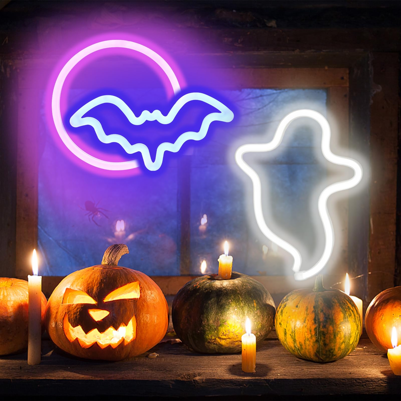 BRIGHTDECK 2 Pack Halloween Neon Signs - White Ghost & Blue Bat Full Moon LED Decor | USB/Battery Powered Wall Art for Halloween Party, Bedroom, Living Room, Bar | Spooky Home Decor & Kids Gift for Trick-or-Treating