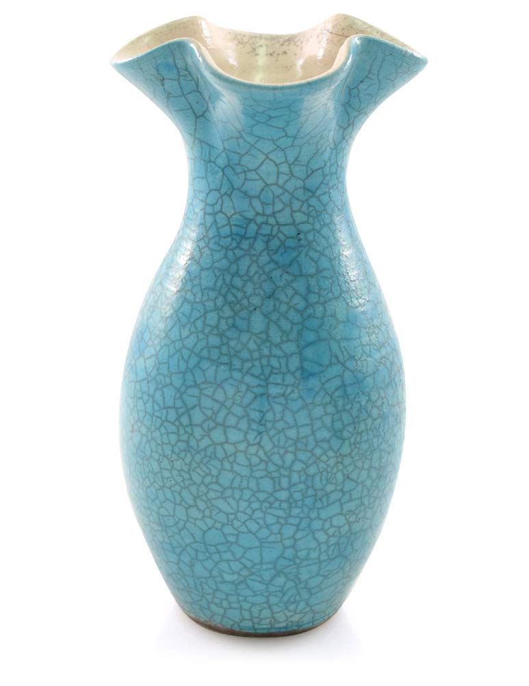 Handmade Turquoise Crackle Glaze Fluted Ceramic Vase - American Artisan Pottery for Home Decor, Wedding Centerpieces & Boho Chic Interior Design