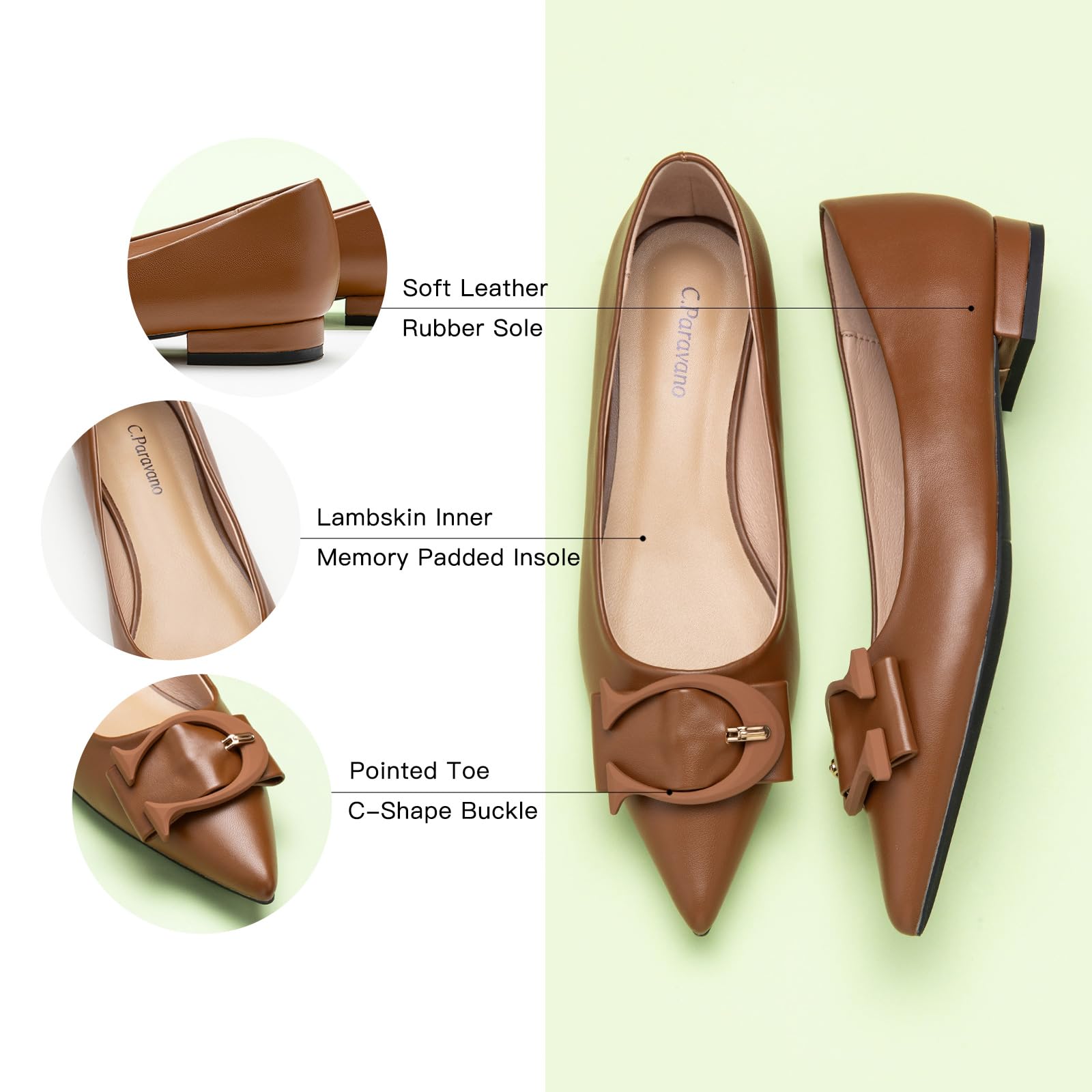 C.Paravano Women's Ballet Flats - Pointed Toe Leather Slip On Flat Shoes for Work & Daily Wear | Comfortable Women's Dress Shoes for Office, Walking & Casual Outfits