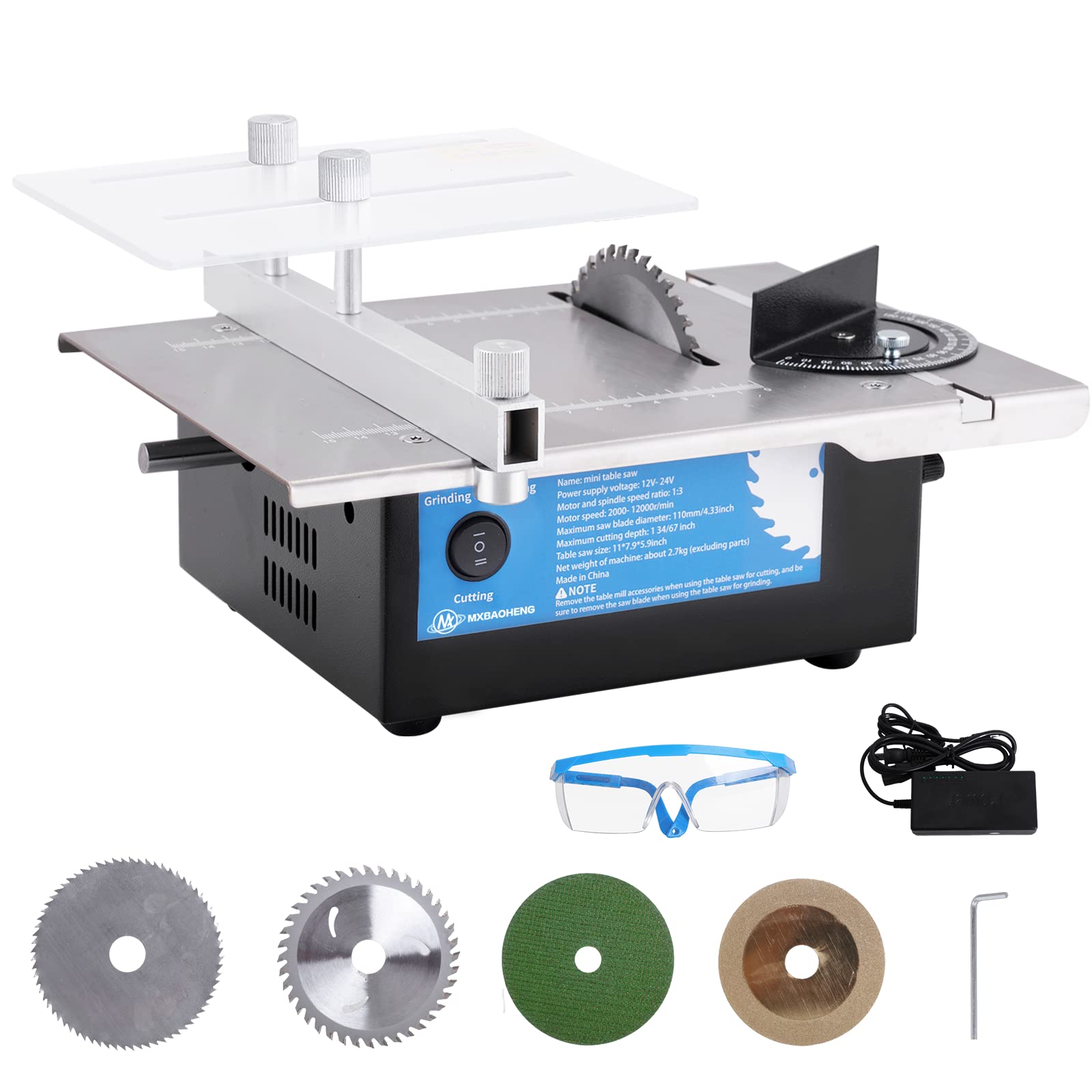 180W Mini Hobby Table Saw - Portable Precision Wood Cutting Tool with 4 Blades, 25/32