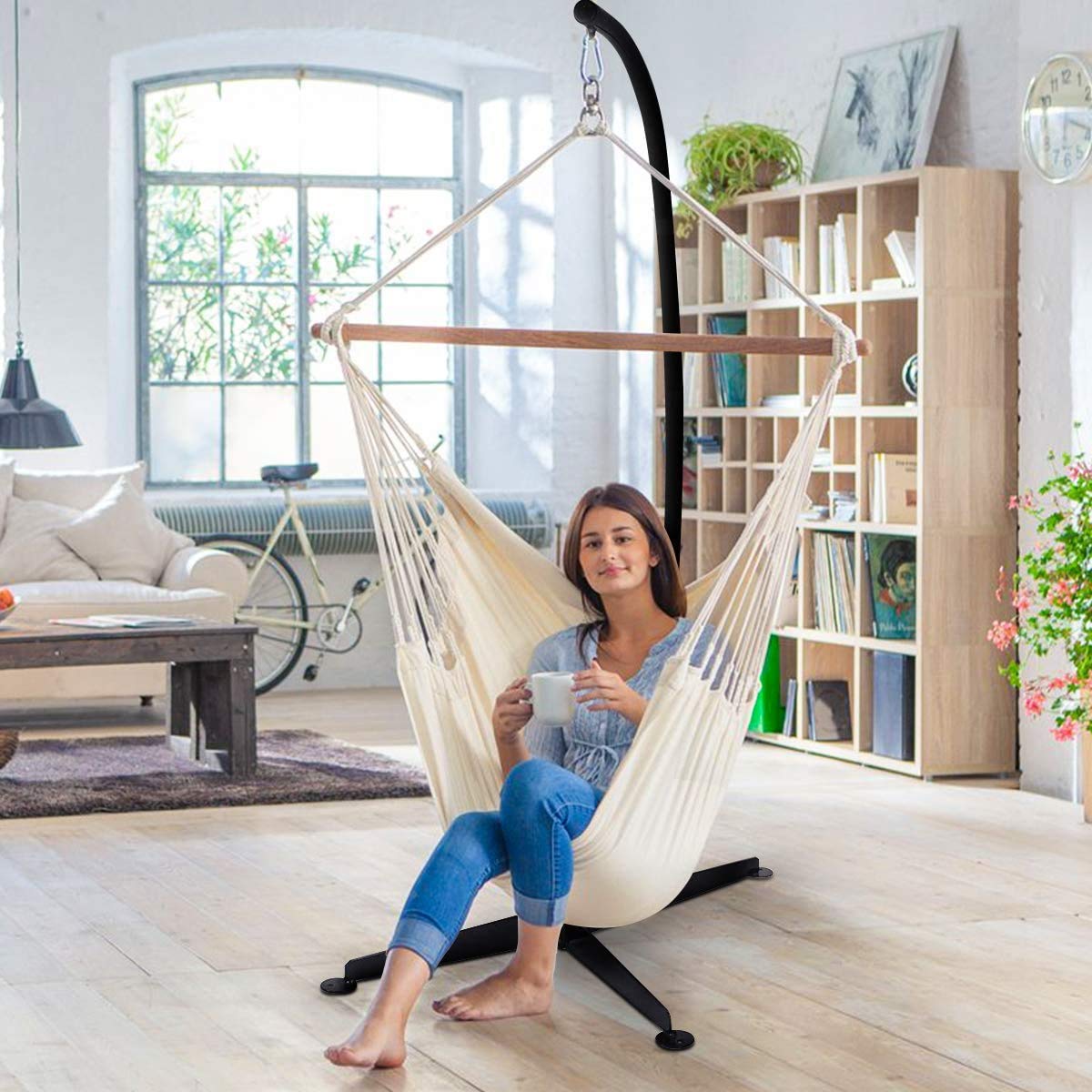 ReunionG Heavy Duty Steel Hammock Stand - 500lb Capacity C-Stand for Hanging Chairs & Porch Swings | Weather-Resistant Metal Frame with 360° Rotation | Perfect for Patio, Backyard, Garden & Indoor Relaxation