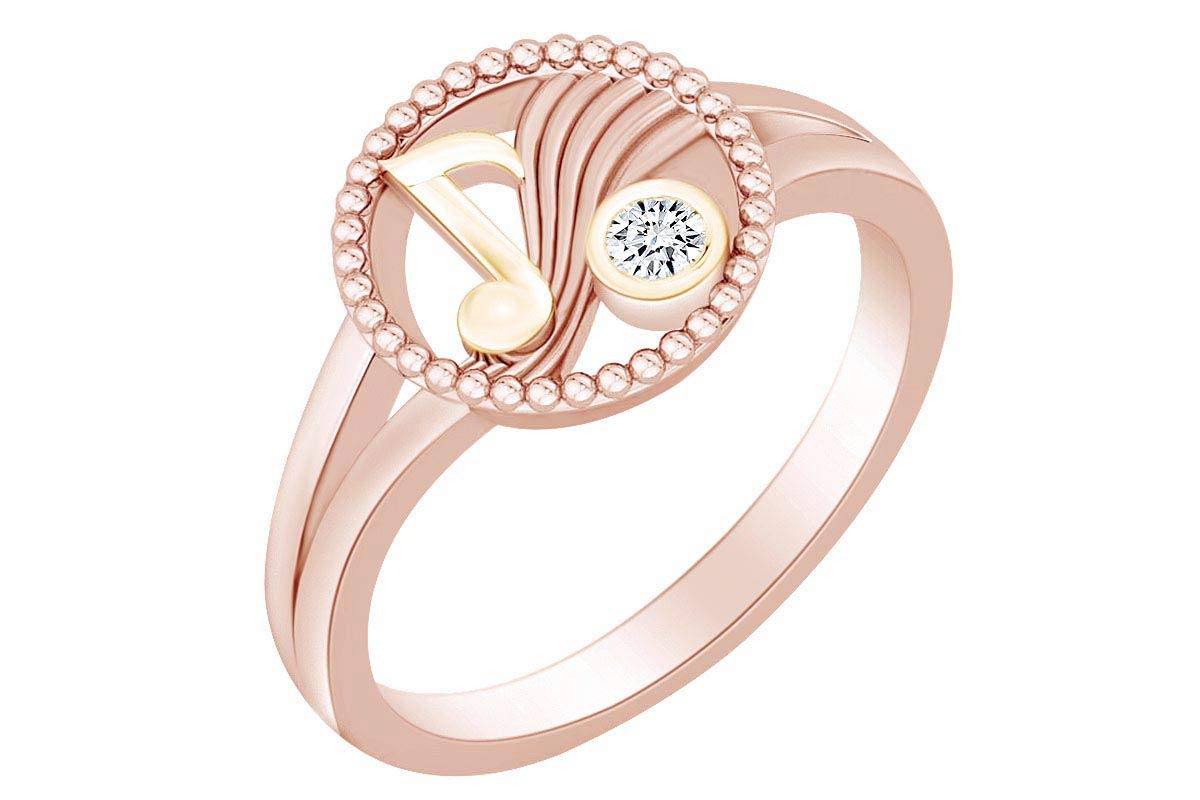Round White Natural Diamond Accent Two Tone Musical Note Solitaire Ring - Elegant Jewelry Gift for Musicians, Music Lovers & Special Occasions
