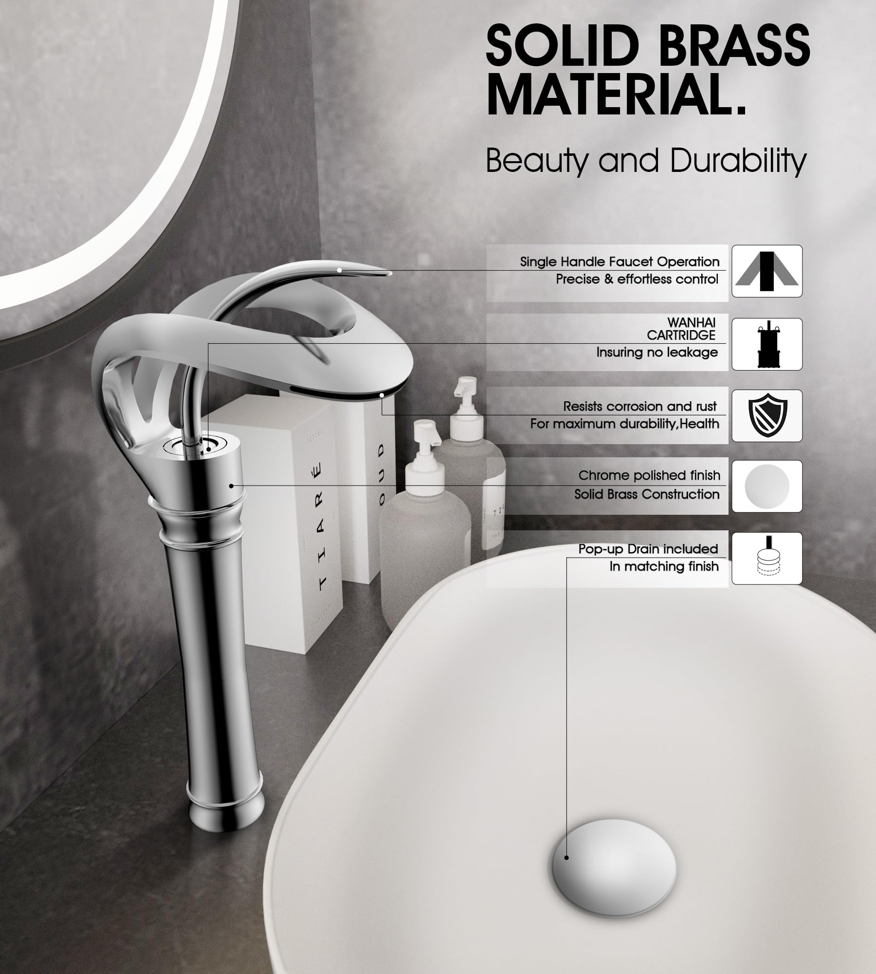 AUU Elegant Single Hole Waterfall Bathroom Sink Faucet - Solid Brass Tall Vessel Faucet with Pop Up Drain & Supply Line - Chrome Finish for Modern Bathroom & Powder Room Decor