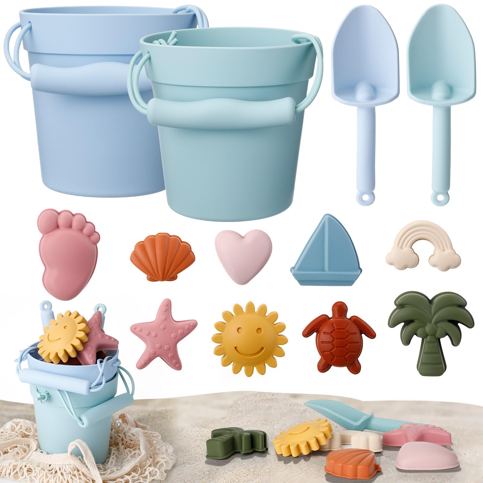 Hungdao 14-Piece Silicone Beach Toys Set - 2 Buckets, 2 Shovels, 9 Sand Molds & 1 Storage Bag - Non-Toxic Kids Sand Toys for Boys & Girls - Perfect for Beach, Pool, Backyard & Outdoor Summer Play (Blue & Green)