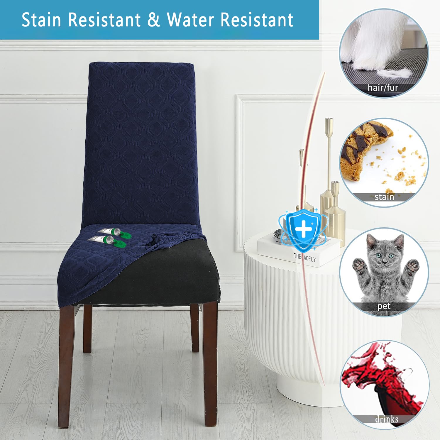 2023 Newest Jacquard High Stretchy Dining Chair Covers - Washable & Removable Kitchen Chair Slipcovers, Set of 4 (Navy Blue) - Perfect for Dining Room, Restaurant & Home Decor Protection