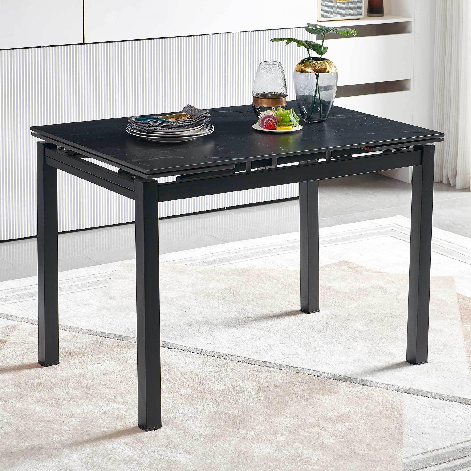 Modern Black Ceramic Expandable Rectangular Dining Table - Space Saving Kitchen & Small Apartment Furniture for Dining Room, Breakfast Nook, and Compact Living Spaces