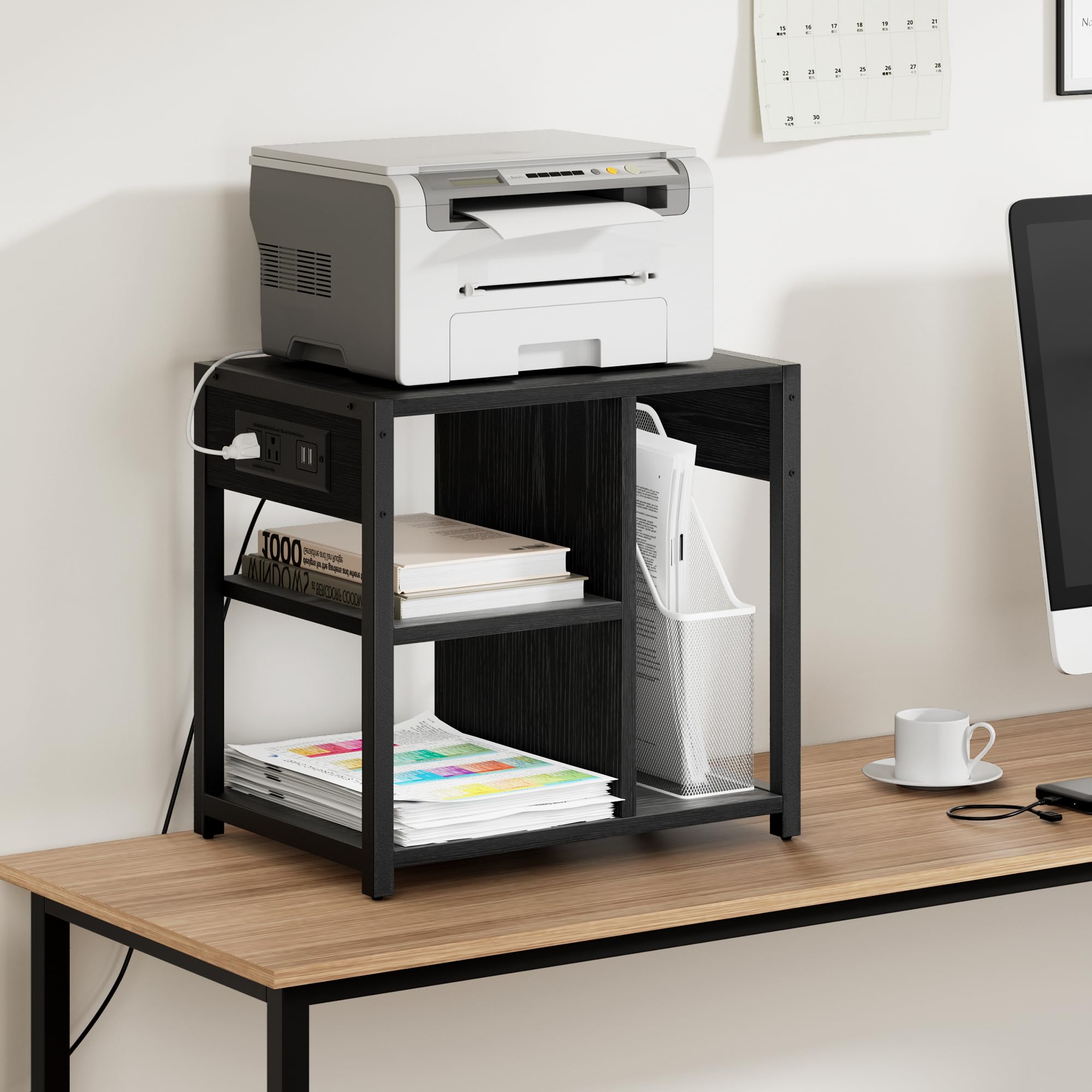 3-Tier Rolling Printer Stand with Power Outlets & USB Ports - Rustic Black Under Desk Printer Table with Storage & Wheels for Home Office Organization | Perfect for Small Spaces & Workspace Efficiency