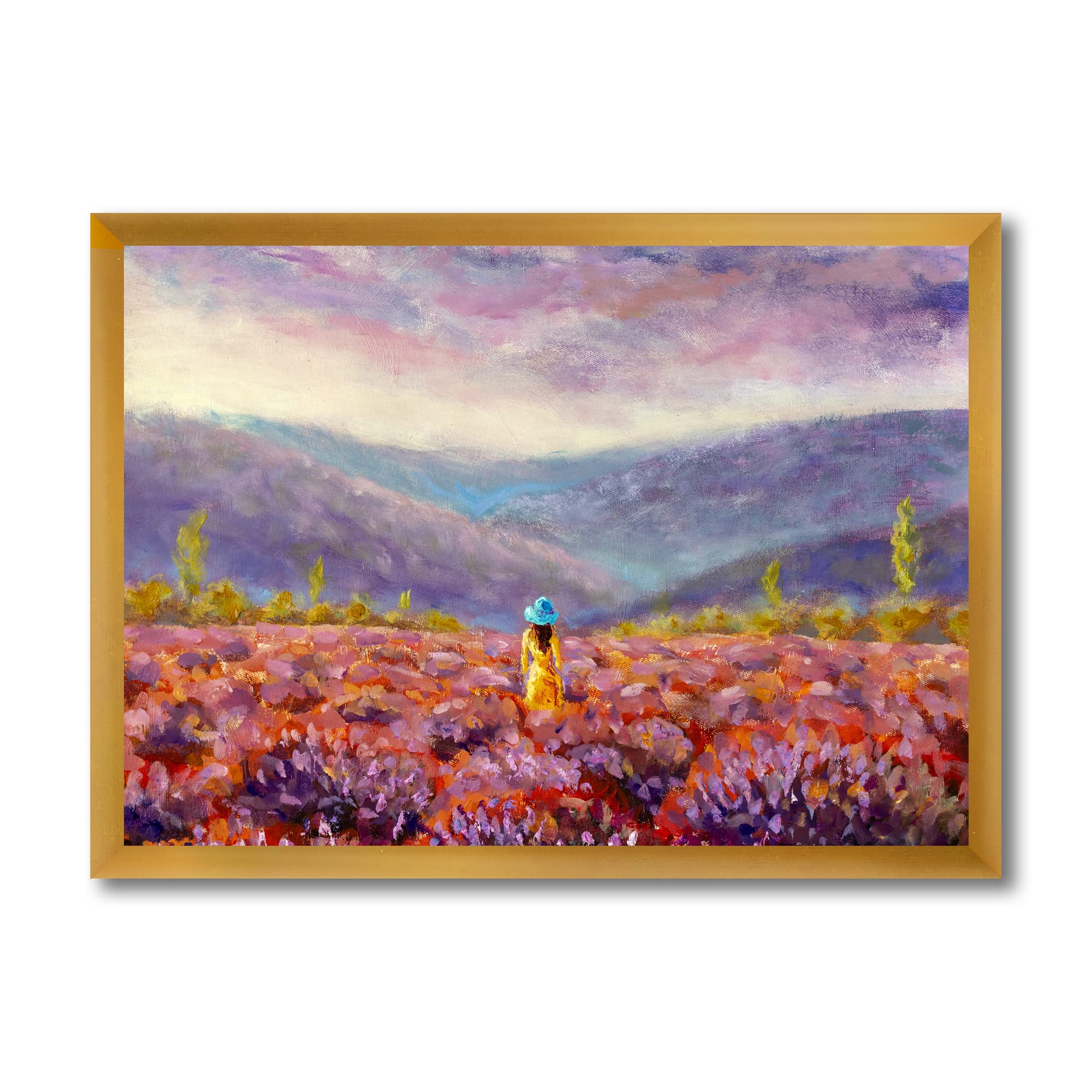 DesignQ Yellow Dress & Hat Woman Walking Through Fields - Traditional Framed Wall Art Decor for Living Room, Bedroom, Office