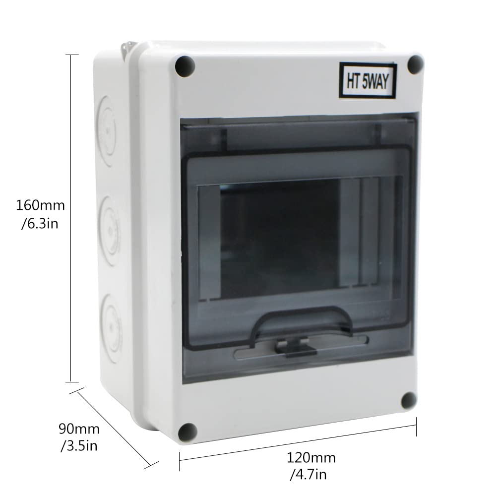 5-Way Outdoor Waterproof Circuit Breaker Distribution Box with Transparent Cover - Wall Mount Electrical Panel for Home, Garage & Workshop Use