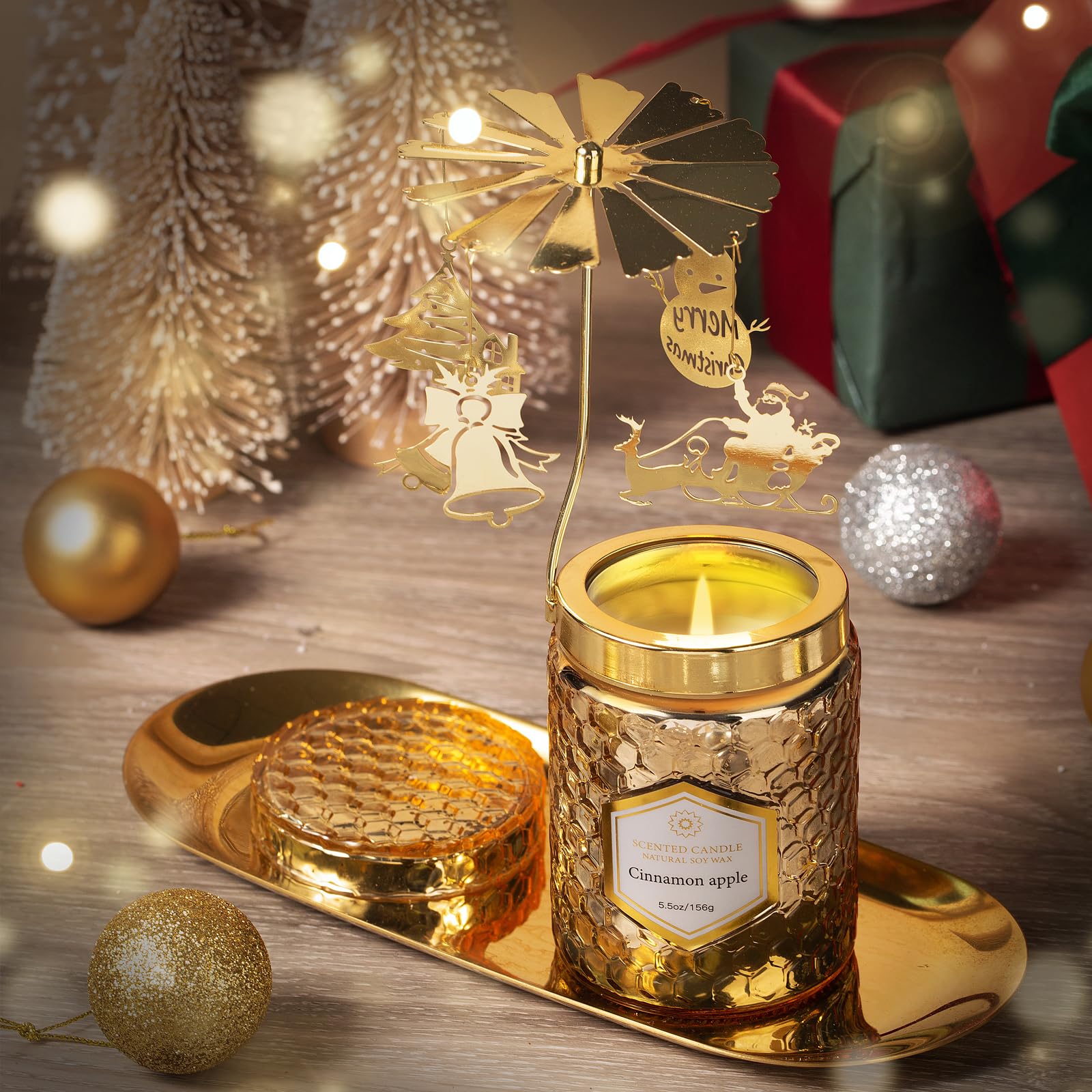 Rotating Cinnamon Apple Scented Candles - Christmas Gifts for Women, Mom, Sister, Wife - Perfect for Holiday Decor, Anniversary & Thanksgiving Celebrations - Home Fragrance & Relaxation