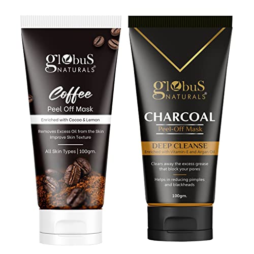 Globus Naturals Brightening & Oil Control Peel Off Mask Set - Coffee & Charcoal Facial Masks for Women | 2-Pack Combo for Deep Cleansing & Glowing Skin | Perfect for Spa Nights & Self-Care Routines