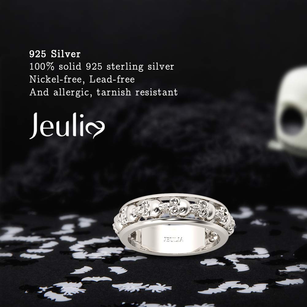 Jeulia 925 Sterling Silver Jack Skellington Wedding Band Ring - Nightmare Before Christmas Skull Ring with CZ Solitaire - Halloween Jewelry, Anniversary Gift, Christmas Present for Him/Her - Perfect for Cosplay, Gothic Fashion & Holiday Celebrations