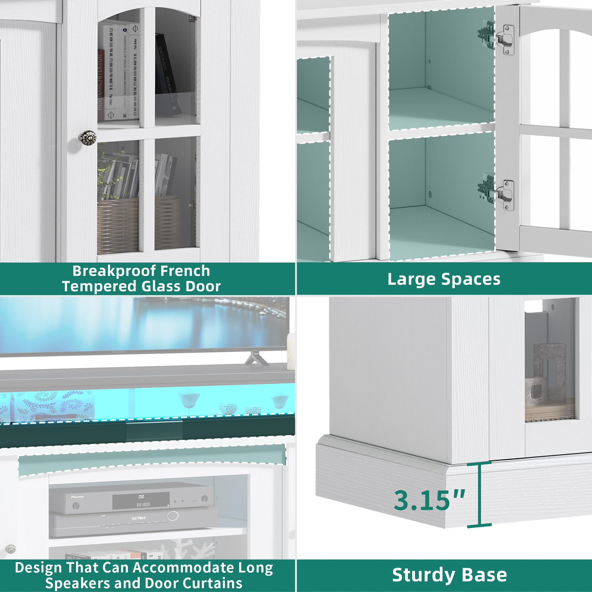 YITAHOME 65 Inch Modern LED TV Stand with Built-in Outlets, Farmhouse Style Entertainment Center with Glass Doors & Adjustable Shelves - Media Console Cabinet for Living Room (White/Black) | Perfect for Home Theater Setup & Living Room Organization