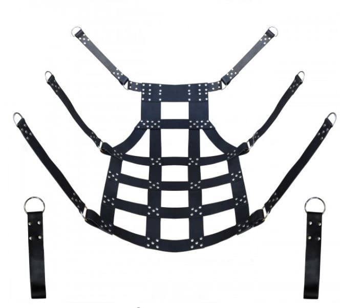 Premium Heavy-Duty Real Black Leather Bondage Sex Swing with Adjustable Sling & Stirrups for Adults - One Size, Black - Perfect for BDSM, Spicing Up Bedroom, and Sensual Play