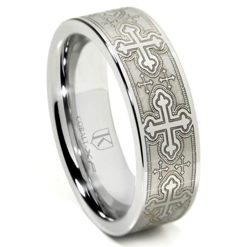 Cobalt XF Chrome Laser Engraved Wedding Band Ring with Cross Designs - Durable & Hypoallergenic Mens Wedding Ring for Ceremonies, Anniversaries & Special Occasions
