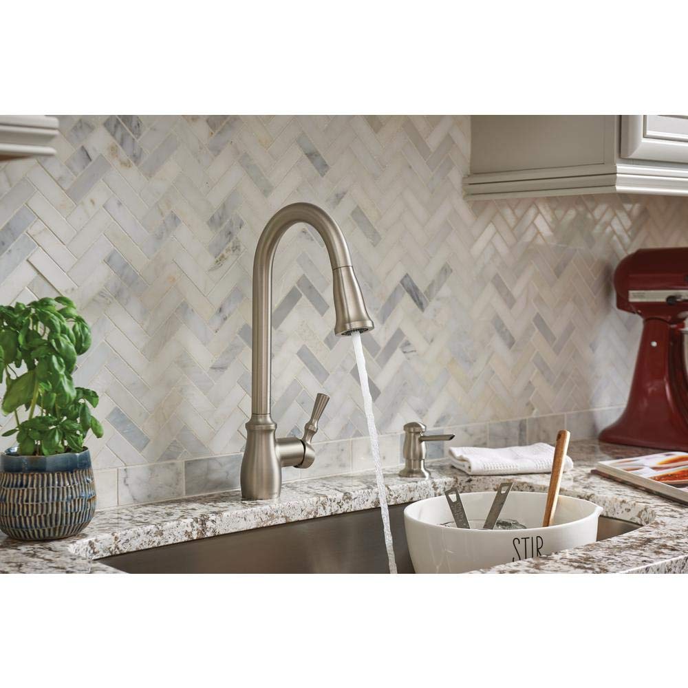 Moen Fieldstone 87808SRS Pull-Down Kitchen Faucet with Soap Dispenser - Modern Stainless Steel Design for Easy Cooking and Cleaning