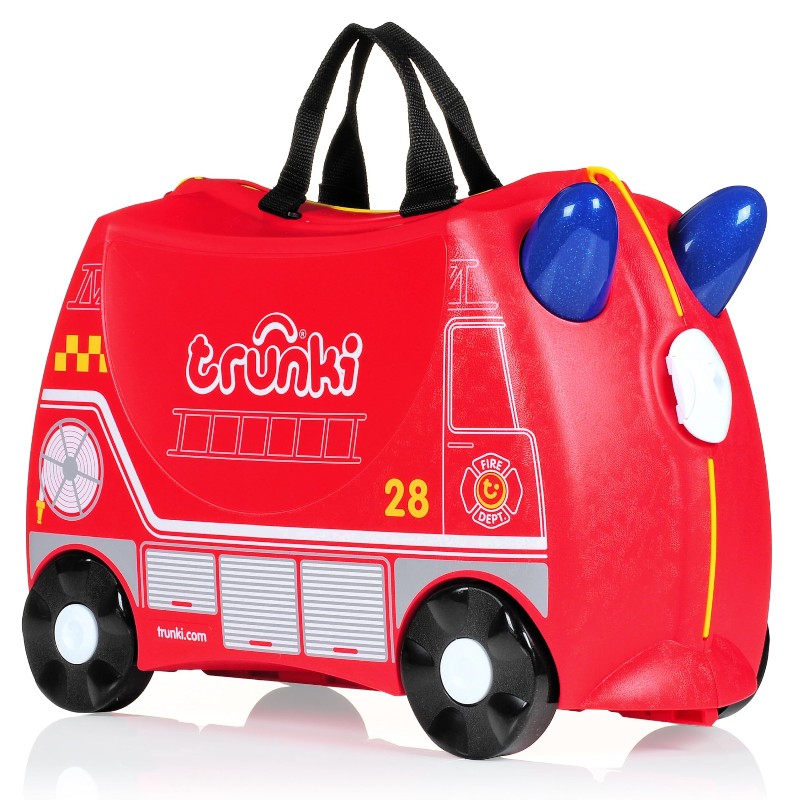 Trunki Ride-On Kids Suitcase - Toddler Travel Luggage with Wheels | Carry-On Airplane Essentials for Boys & Girls | Durable Frank Fire Truck Red Design | Perfect for Family Trips, Air Travel & Playtime Adventures