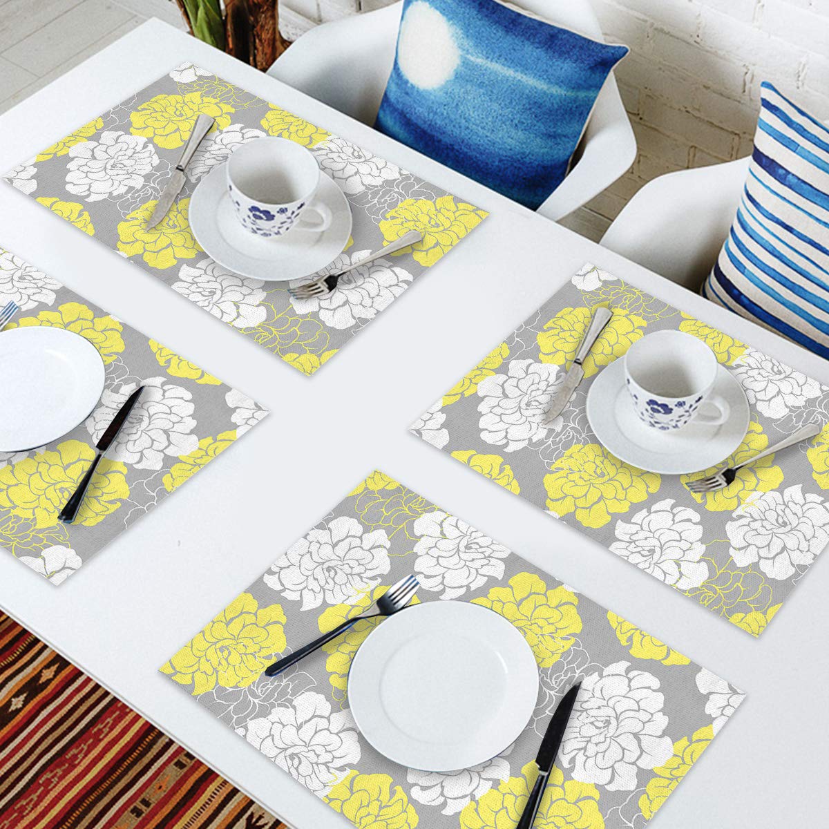Peony Flower Floral Placemats Set of 4 - Yellow Cotton Linen Heat Resistant Table Mats, Non-Slip Washable Kitchen Dining Mats for Holiday Banquet & Home Decor - Perfect for Thanksgiving, Christmas, and Everyday Use