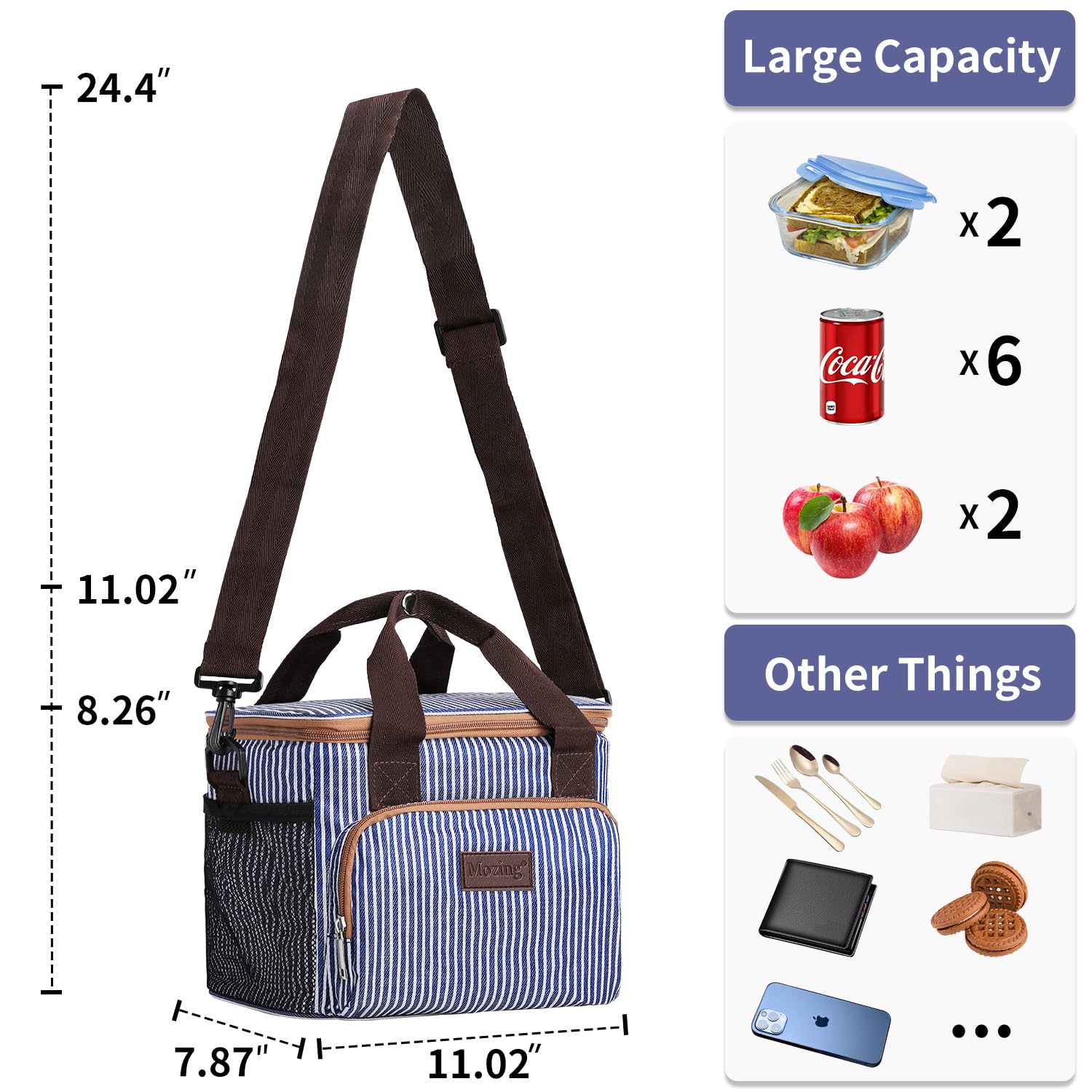 Insulated Lunch Bag for Women & Men - Reusable Lunch Box with Cooler, Leakproof Lunch Tote for Work, School, Picnic & Outdoor Activities (Blue Stripe) | Keep Food Fresh All Day