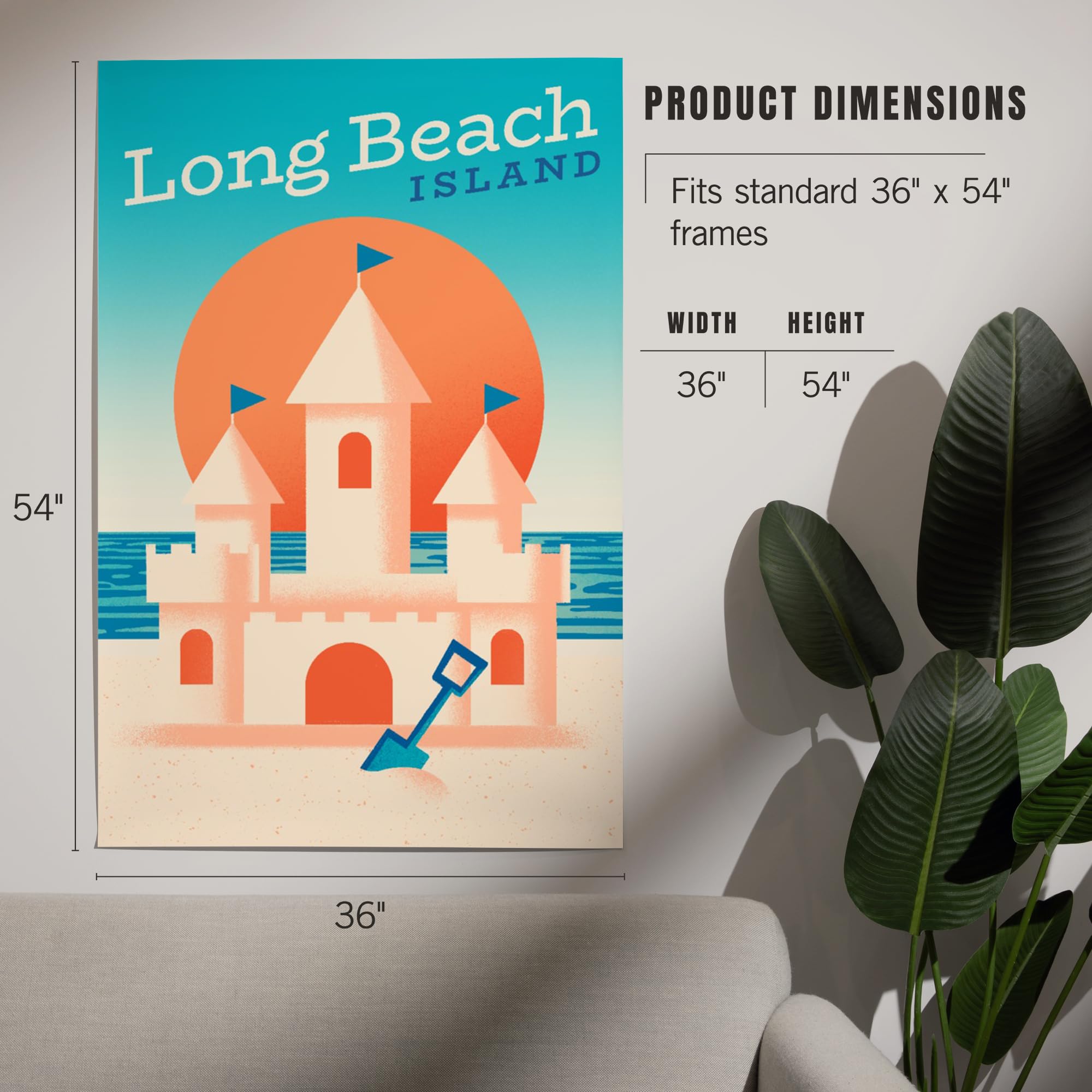 Lantern Press 36x54 Inch Giclee Art Print - Long Beach Island New Jersey Coastal Wall Decor | Sun-faded Shoreline Collection with Sand Castle | Perfect for Beach House, Living Room & Office Decor