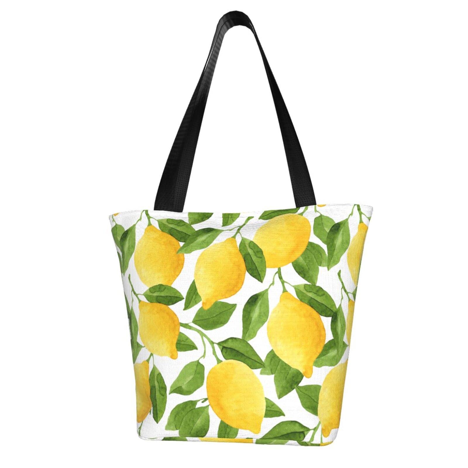 Stylish Black Tropical Lemon Print Canvas Tote Bag with Zipper - Fashionable Shoulder Bag for Women, Grocery Shopping, Beach Travel & Work Commute