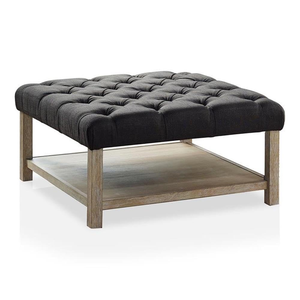 Furniture of America Hoylton Wood Tufted Ottoman - Natural & Dark Gray Storage Bench for Living Room, Bedroom, or Entryway