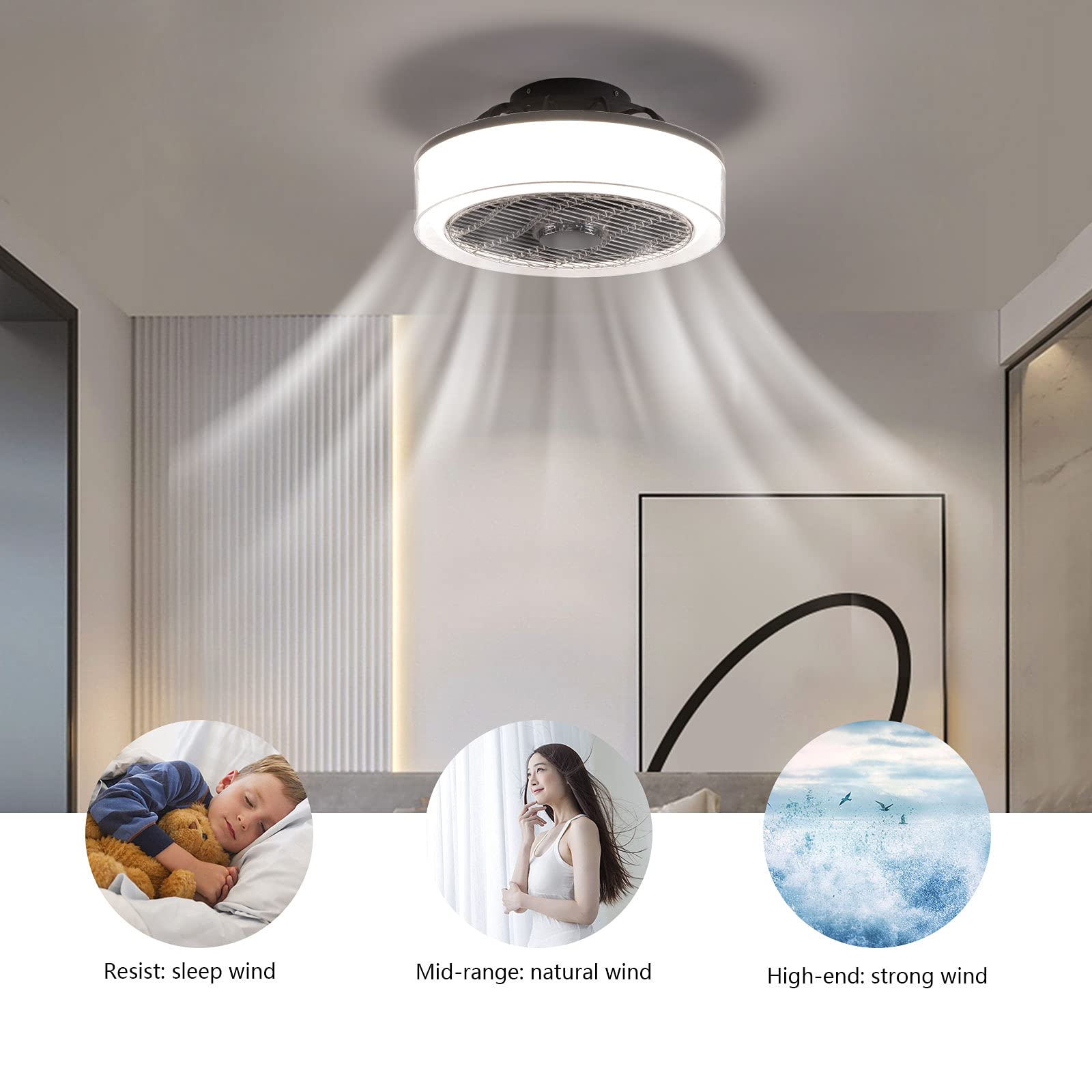 Dimmable 15 Inch Semi Flush Mount Ceiling Fan with Light & Remote Control - 3-Speed Low Profile Fandelier with Hidden Blades for Bedroom, Living Room & Nursery (White) - Perfect for Modern Home Cooling & Stylish Lighting