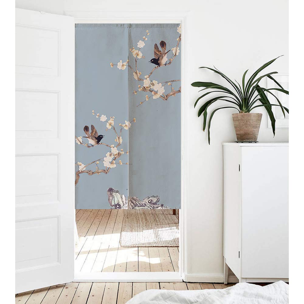 Japanese Noren Door Curtain - Traditional Asian Cotton Tapestry with Floral Bird Design (33.5