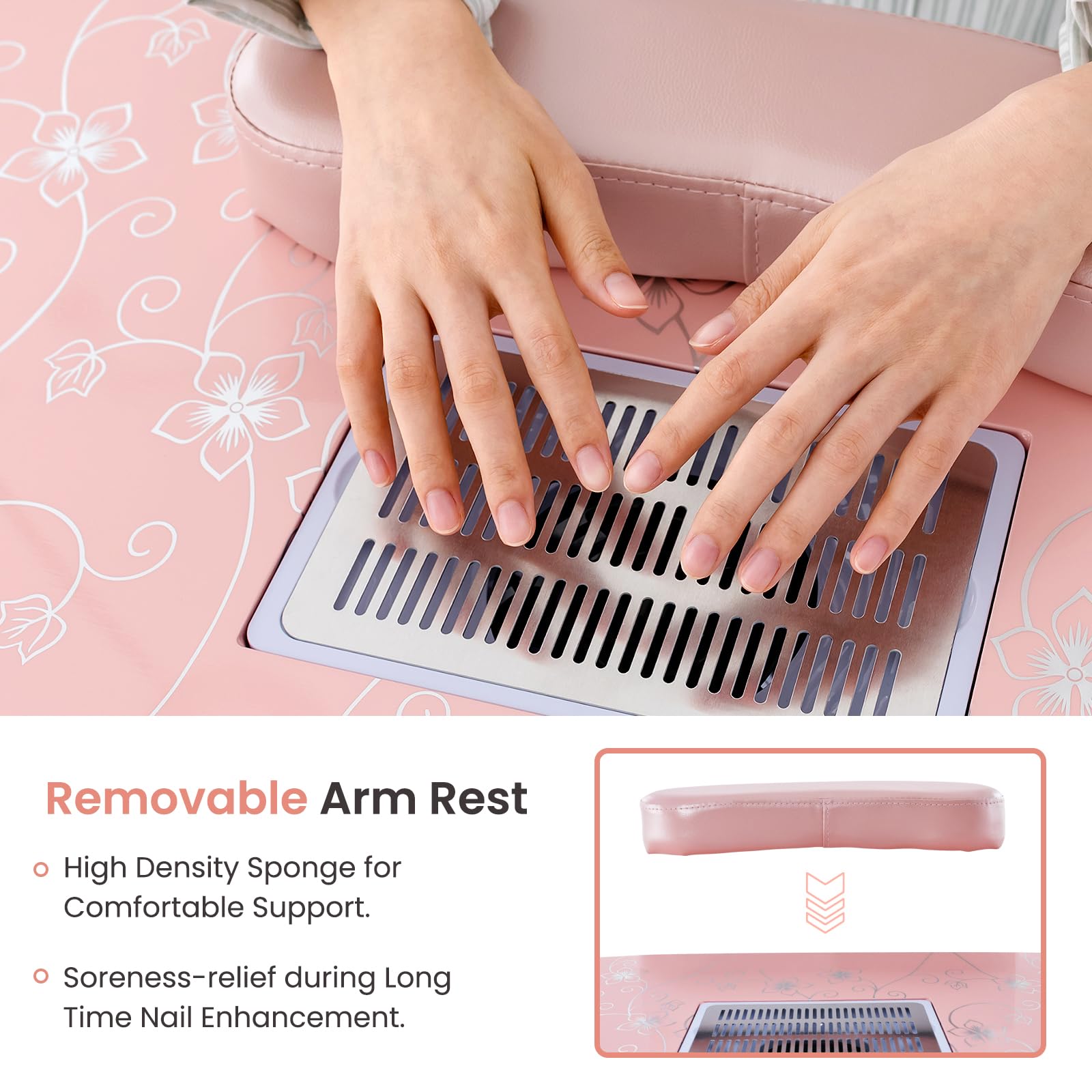 WELLHUT Portable Nail Technician Table with LED Lamp, Ventilation System, Dust Collector, Carry Bag & Cushion - Adjustable Manicure Station with Universal Wheels for Home Spa & Professional Salon Use (Pink) - Perfect for Nail Artists, DIY Enthusiasts & Beauty Professionals