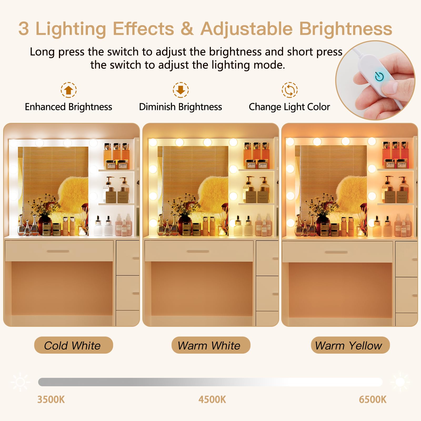 USIKEY White Makeup Vanity Desk with LED Lights & Mirror - 10 LED Bulbs, 4 Drawers, Cabinet & Necklace Hooks - Dressing Table for Bedroom, Perfect for Makeup Application & Jewelry Organization