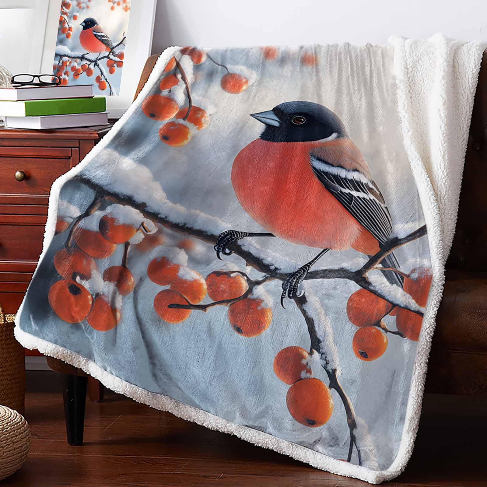 Sherpa Fleece Throw Blanket - Merry Christmas Robin Bird Design, Ultra Soft & Cozy Plush Flannel Blanket for Couch, Sofa & Bed (59x79 inches) - Perfect for Winter Warmth, Holiday Decor & All-Season Comfort