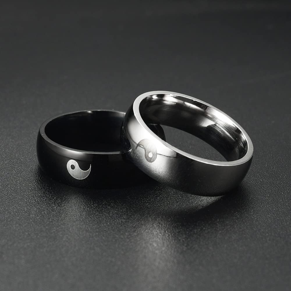 6mm Black & Silver Yin Yang Tai Chi Couple Rings for Men & Women - Matching Stainless Steel Band Set for Boyfriend, Girlfriend, Best Friends - Perfect for Meditation, Martial Arts & Spiritual Gifts