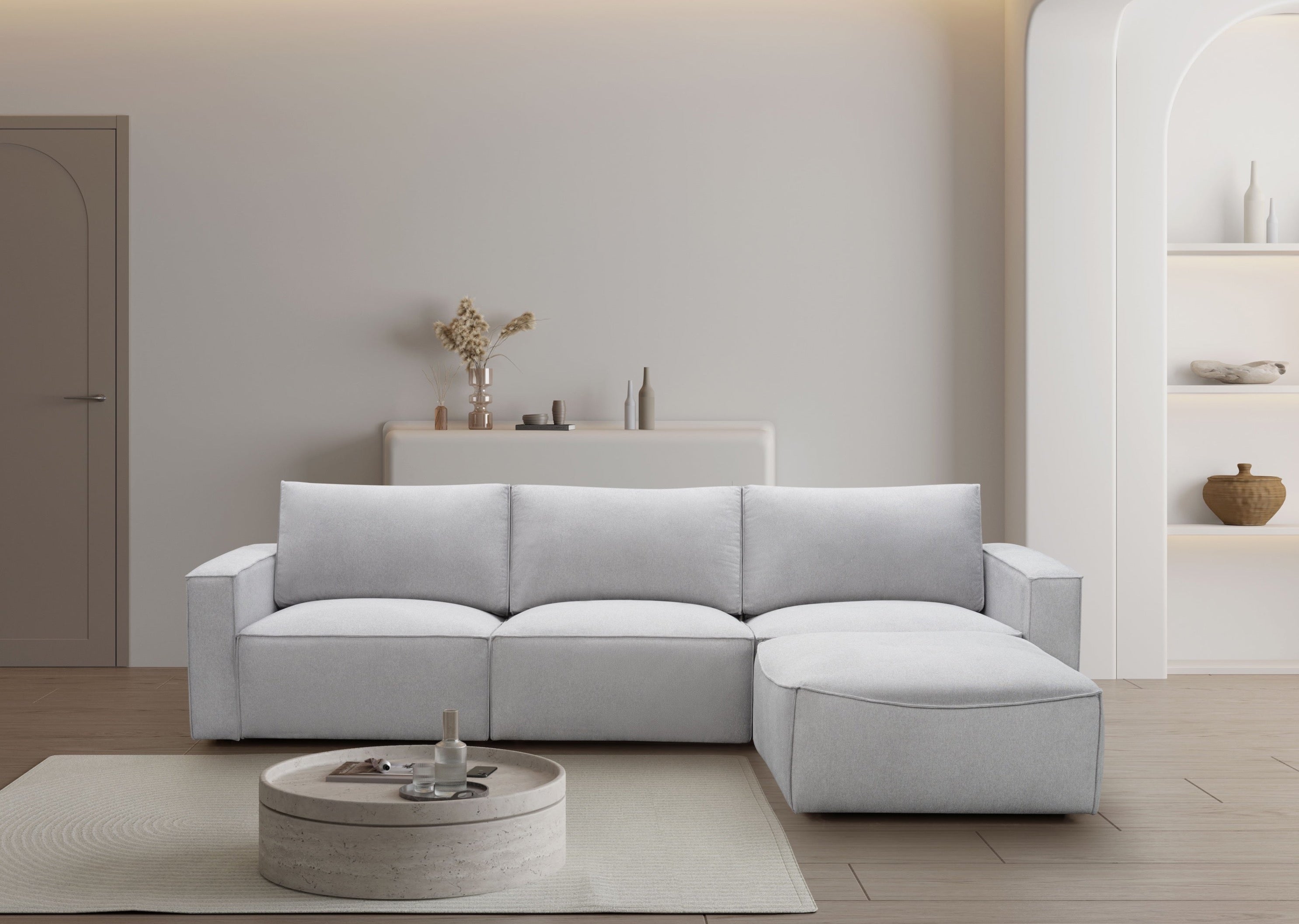Maui 3-Seater Sofa with Ottoman - Premium Elk Stone Fabric - Modern Living Room Furniture for Home & Office Comfort