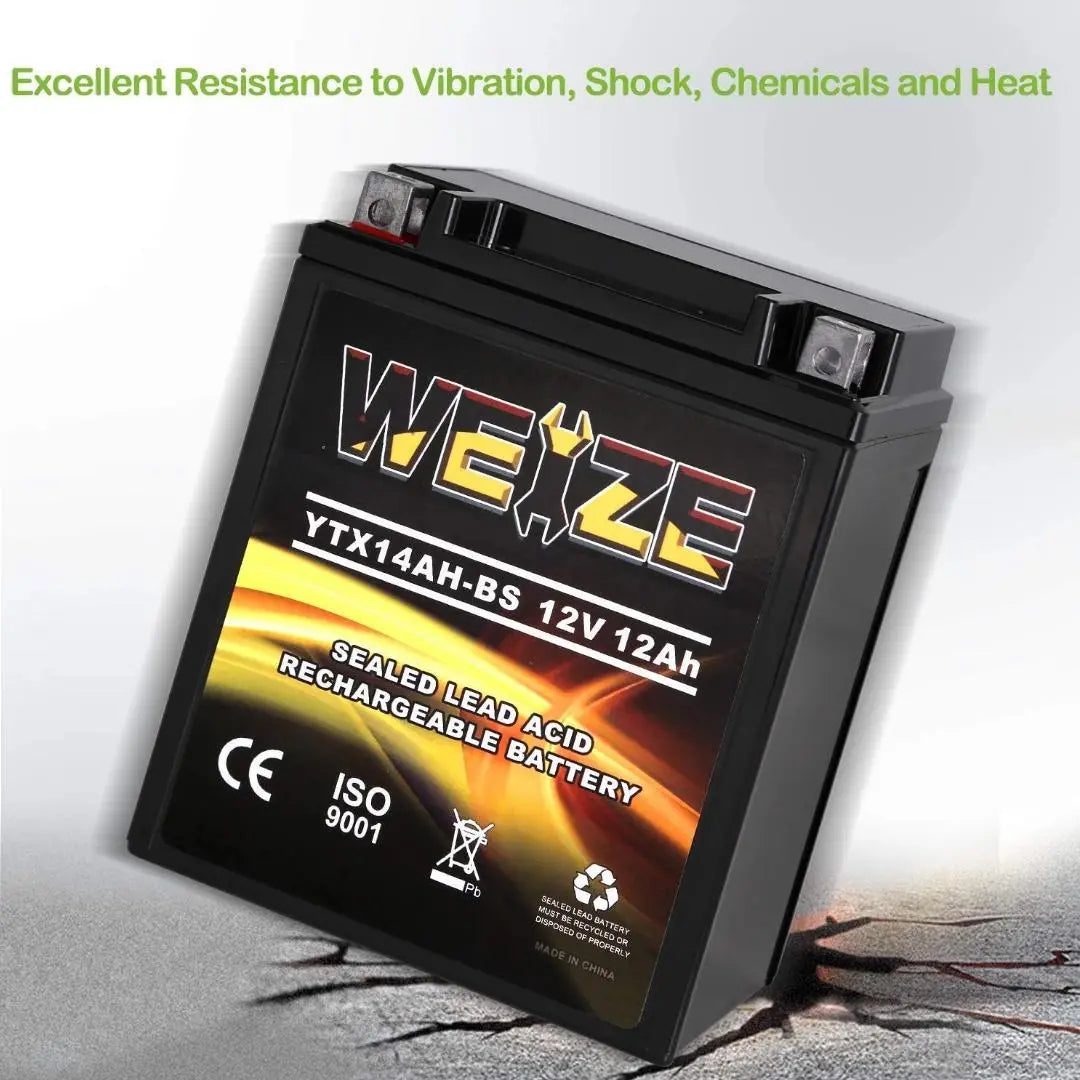 WEIZE YTX14AH BS 12V 12Ah High Performance AGM Battery - Maintenance Free, Sealed ATV/Motorcycle Battery for Polaris Sportsman 570, Trail Blazer 250, Ranger 400/500, Suzuki King Quad 300, QuadRunner 250 - Perfect for Off-Road Adventures & Power Sports