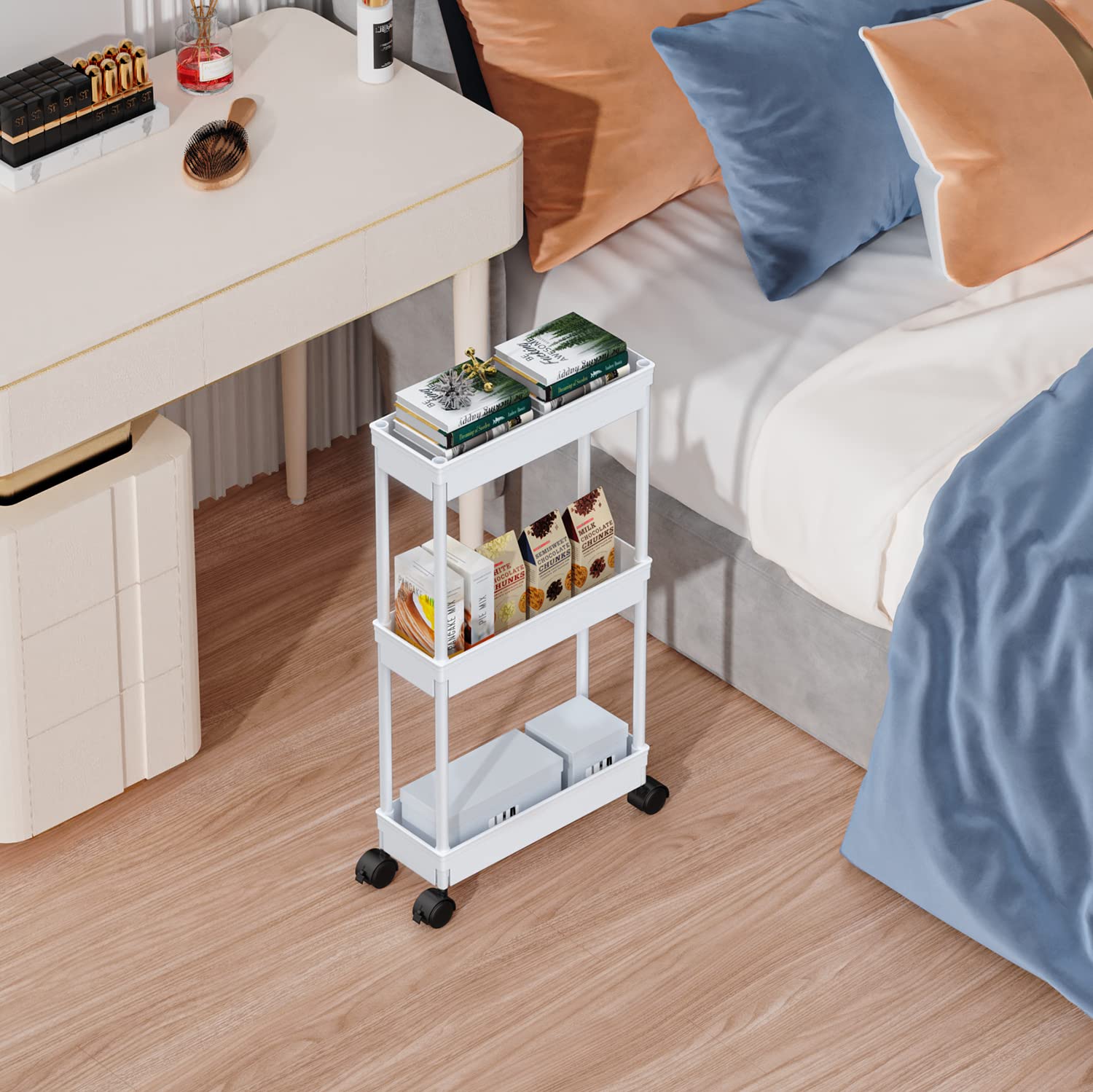 Sooyee 3-Tier Rolling Utility Cart with Wheels - Slim Narrow Storage Organizer for Office, Bathroom, Kitchen & Laundry Room - Under Desk Mobile Cabinet for Small Spaces - Perfect for Home, Dorm & Workspace Organization (White)