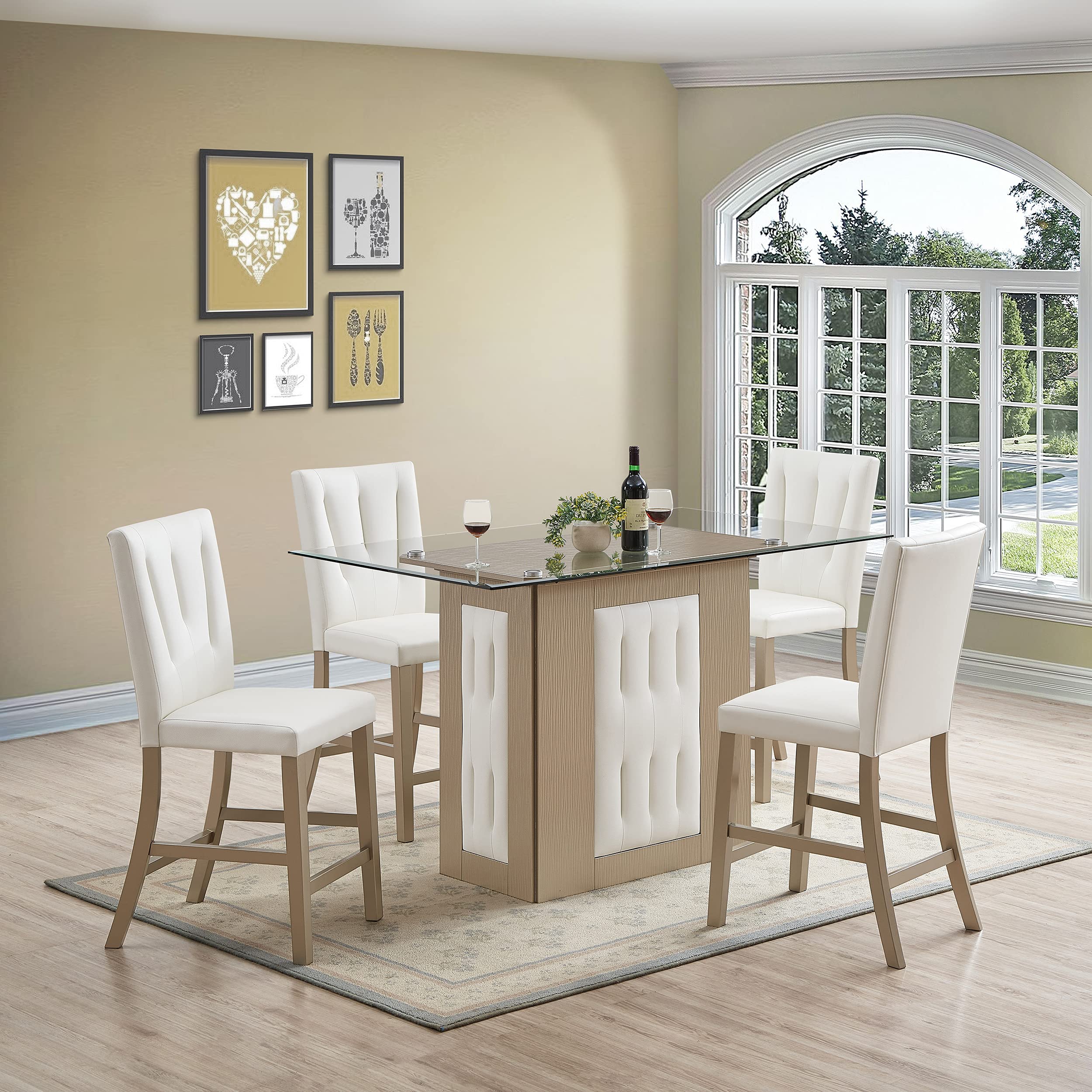 Kings Brand Furniture – Noyack Rectangle Glass Top Counter Height Dining Table, White/Gold – Modern Kitchen & Dining Room Furniture for Small Spaces & Apartments