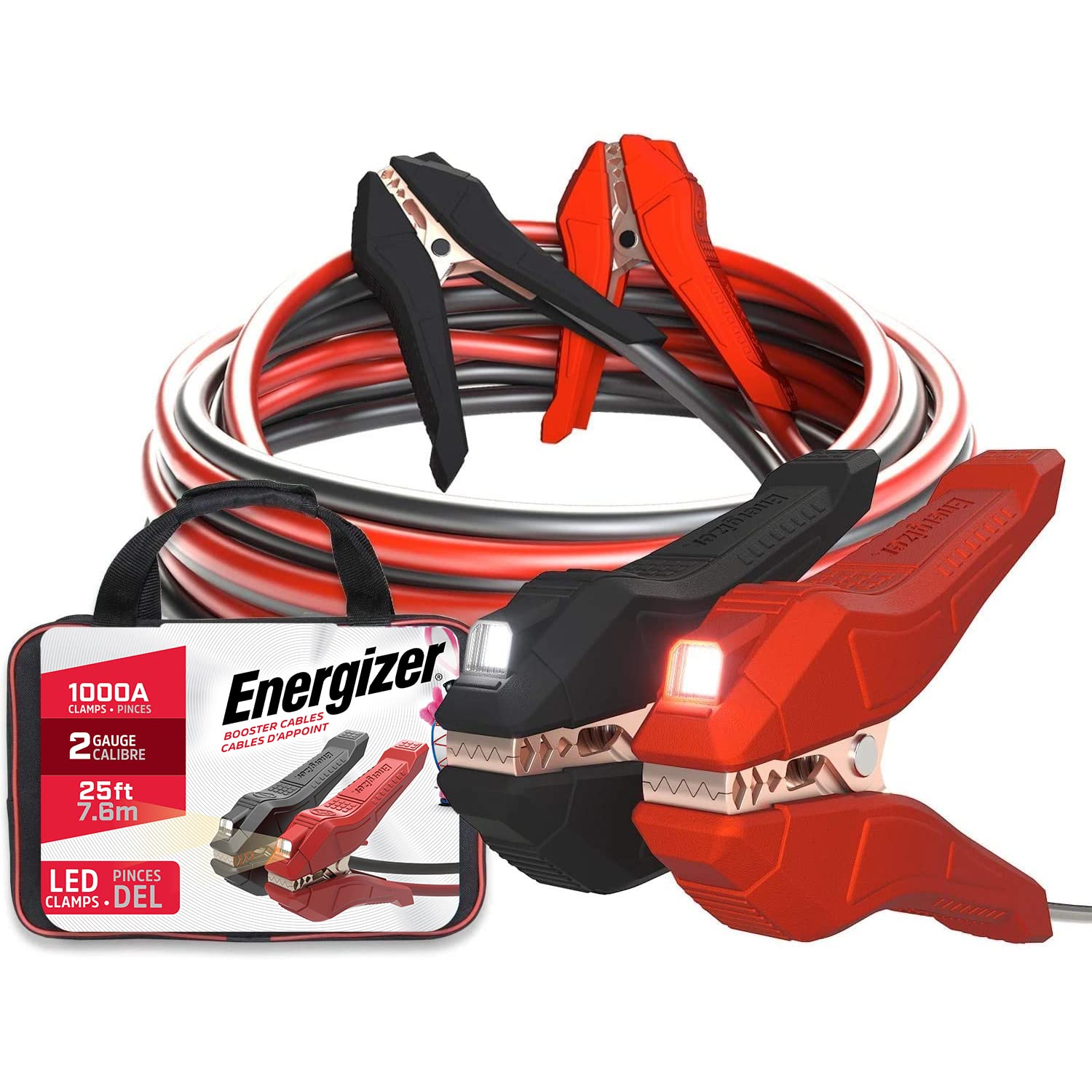 Energizer Heavy Duty 25-Feet 2-Gauge Jumper Cables for Car Battery - Booster Cables with Built-in LED Lights for Jump Starting Dead or Weak Batteries | Emergency Roadside Assistance, Winter Car Prep, Vehicle Maintenance