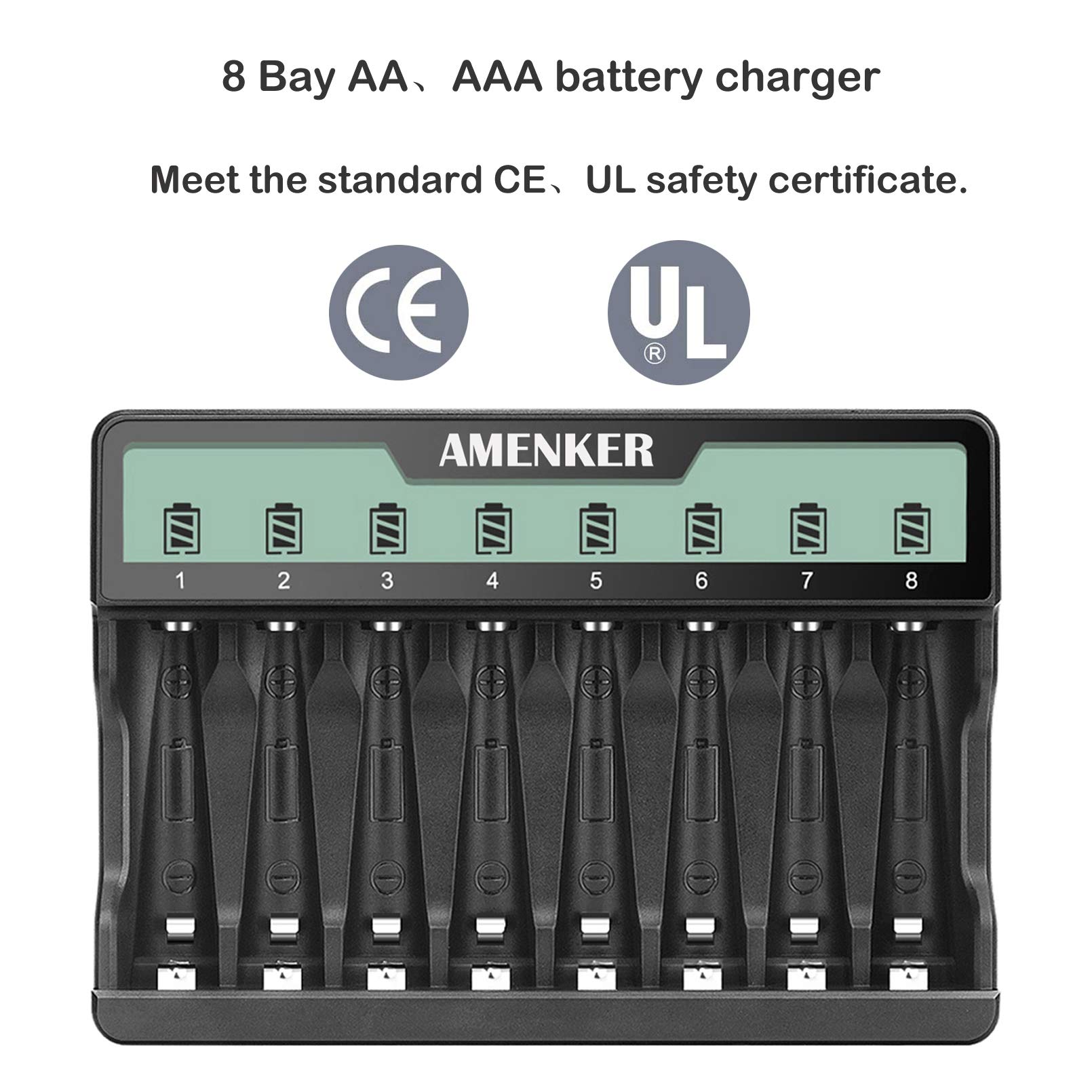 8 Bay AA AAA Battery Charger with LCD Display - Fast USB/Type C Charging for Ni-MH Ni-CD Rechargeable Batteries - Independent Slot Control - Perfect for Cameras, Toys, Flashlights & Home Electronics