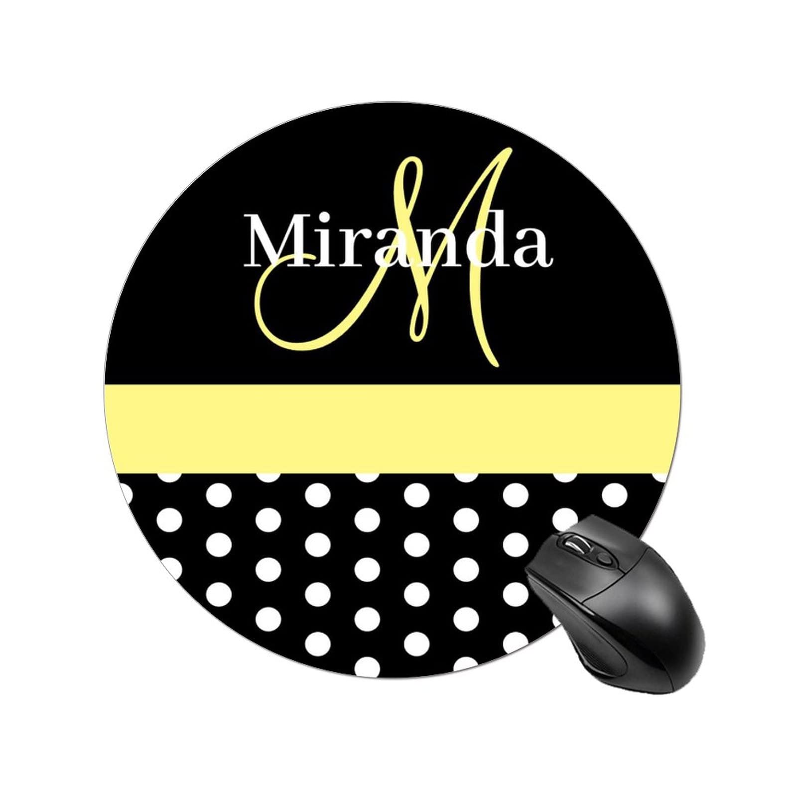 Custom Monogram Mouse Pad - Round Polka Dot Design in Black, White & Yellow - 20cm/7.87