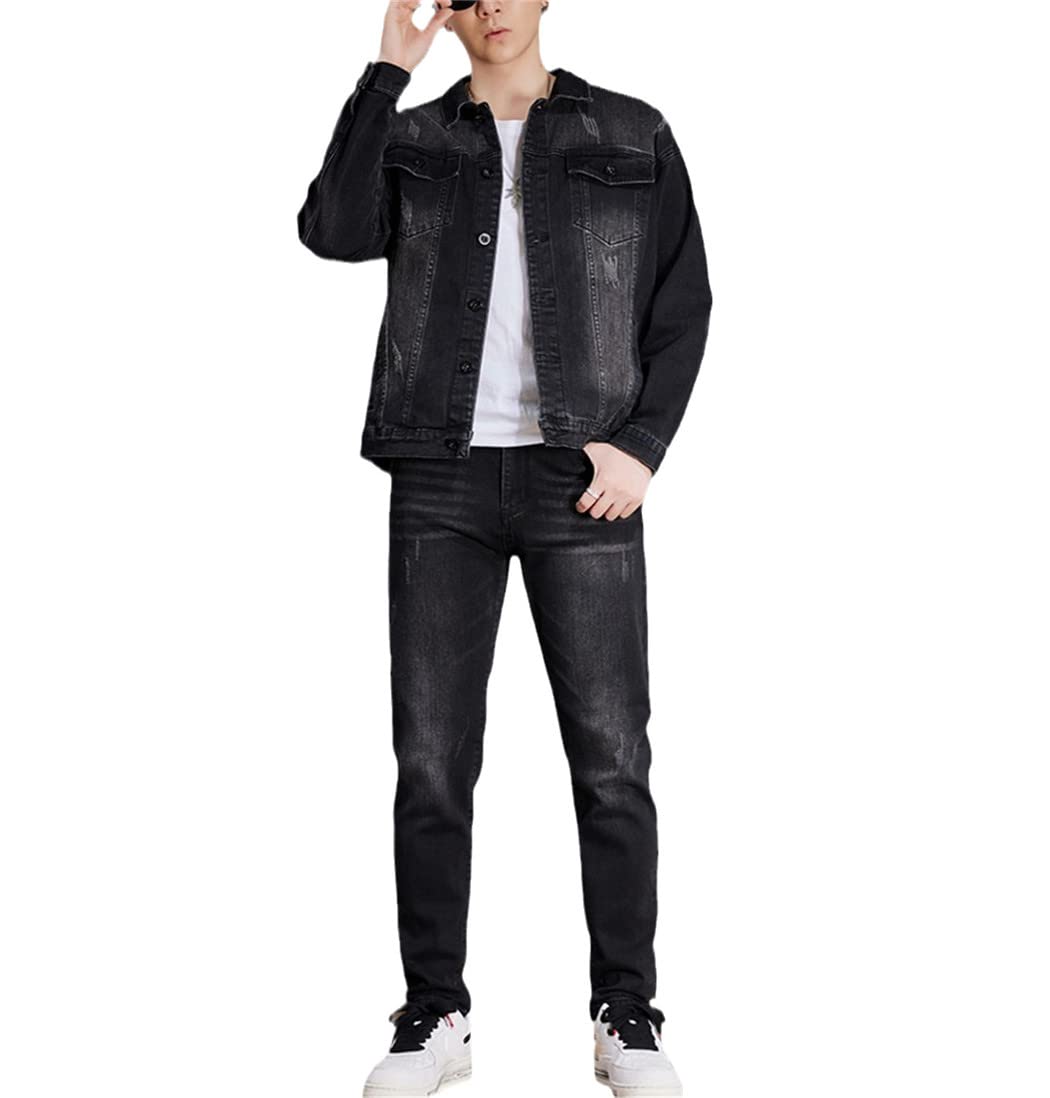 Men's Black Embroidered Denim Jacket & Jeans 2-Piece Set - Slim Fit Cowboy Cargo Work Outfit Matching Suit for Casual Wear, Western Style, and Outdoor Adventures