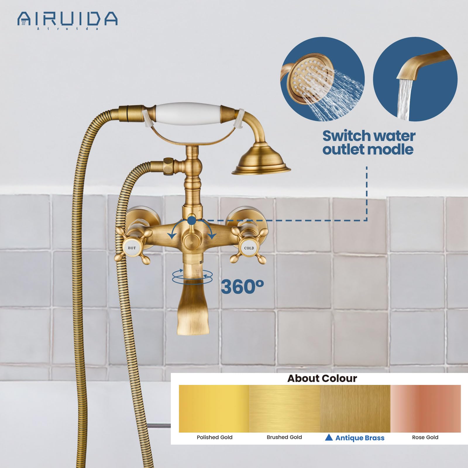 Antique Brass Wall Mount Bathtub Faucet with Handheld Shower Sprayer - Vintage Style Double Cross Handle Hot/Cold Water Mixer Tap - Perfect for Classic Bathroom Renovations & Spa-Like Showers