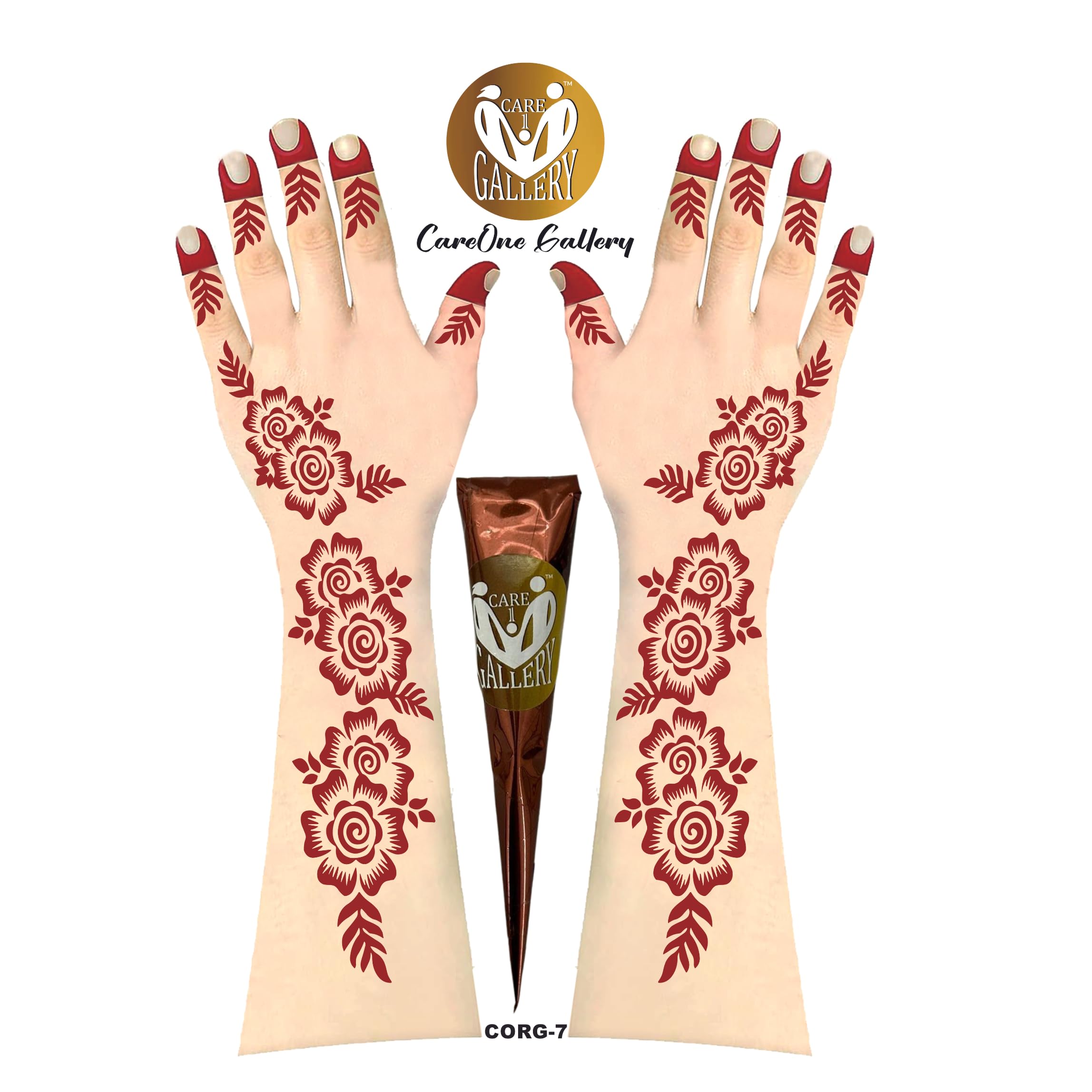 CareOne Gallery Arabic Design Mehandi Art Stickers Set - 1 Piece for Both Hands with Instant Henna Cone | Temporary Henna Tattoo Stencils for Women, Girls & Kids | Perfect for Weddings, Parties & Festivals | CareOne Design 06