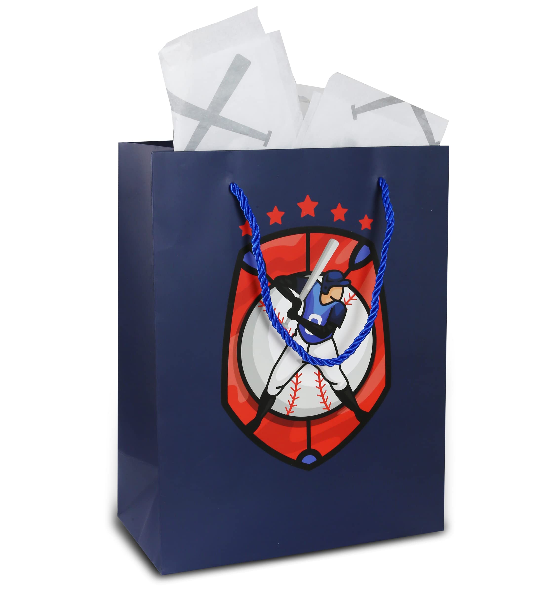 DolliBu 12-Pack Large Reusable Blue Baseball Gift Bags with Handles & Matching Tissue Paper - 13 Inch Sports Theme Gift Wrapping Set for Baseball Parties, Team Gifts & Birthday Presents