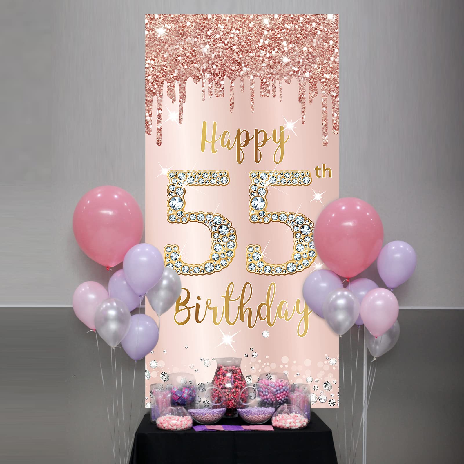 Happy 55th Birthday Decorations for Women - Pink Rose Gold Door Banner & Backdrop Sign | Large 55 Year Old Party Supplies | Perfect for Birthday Parties, Milestone Celebrations & Home Decor