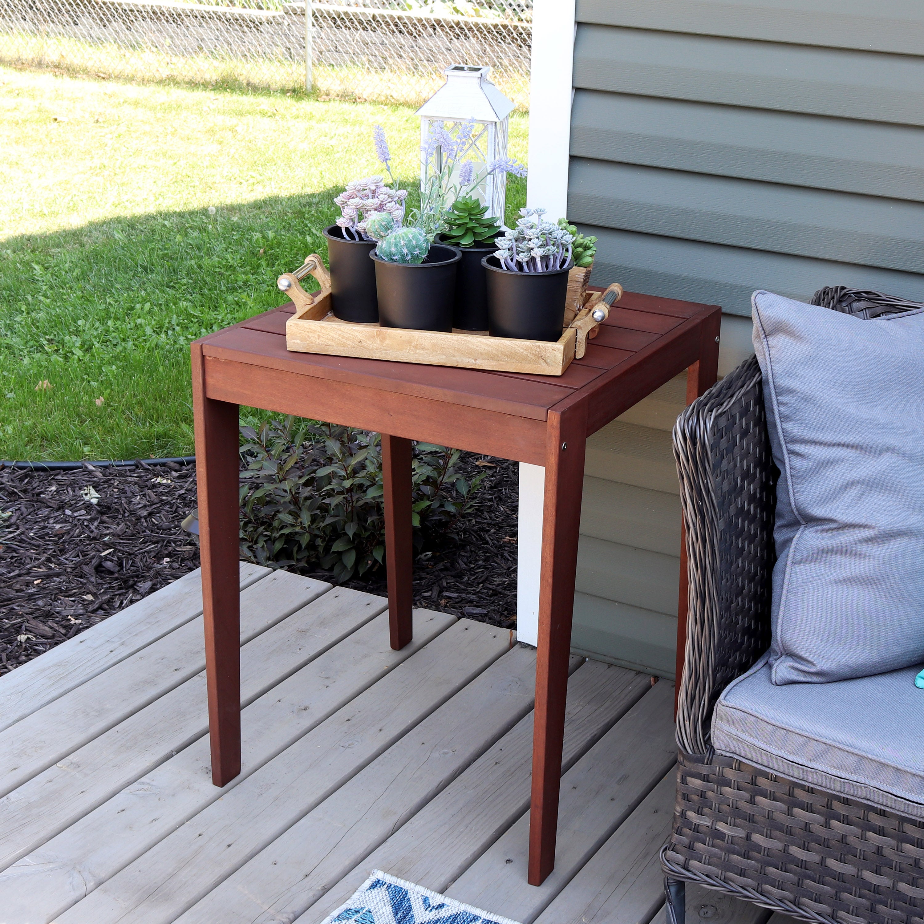 Premium Sunnydaze Meranti Wood Outdoor Table with Mahogany Teak Oil Finish - Weather-Resistant Patio, Garden, and Deck Dining Furniture for Backyard & Poolside Use