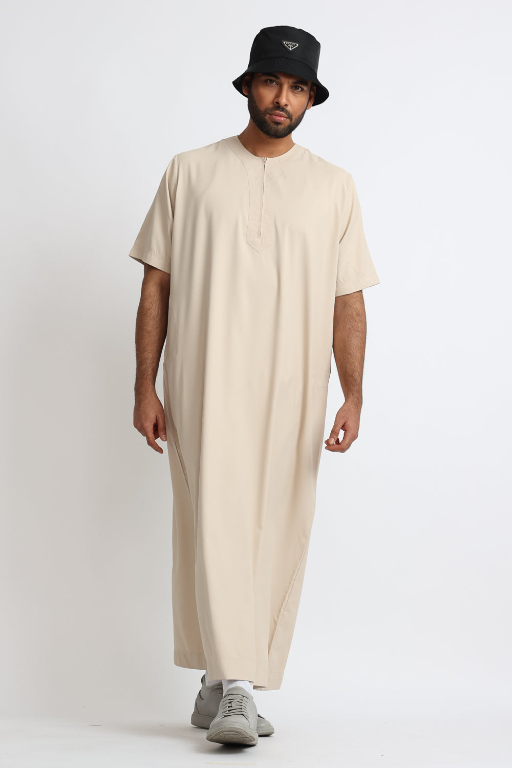 Premium Almond Half Sleeve Thobe for Men - Lightweight Cotton Islamic Prayer Dress - Perfect for Eid, Mosque & Special Occasions