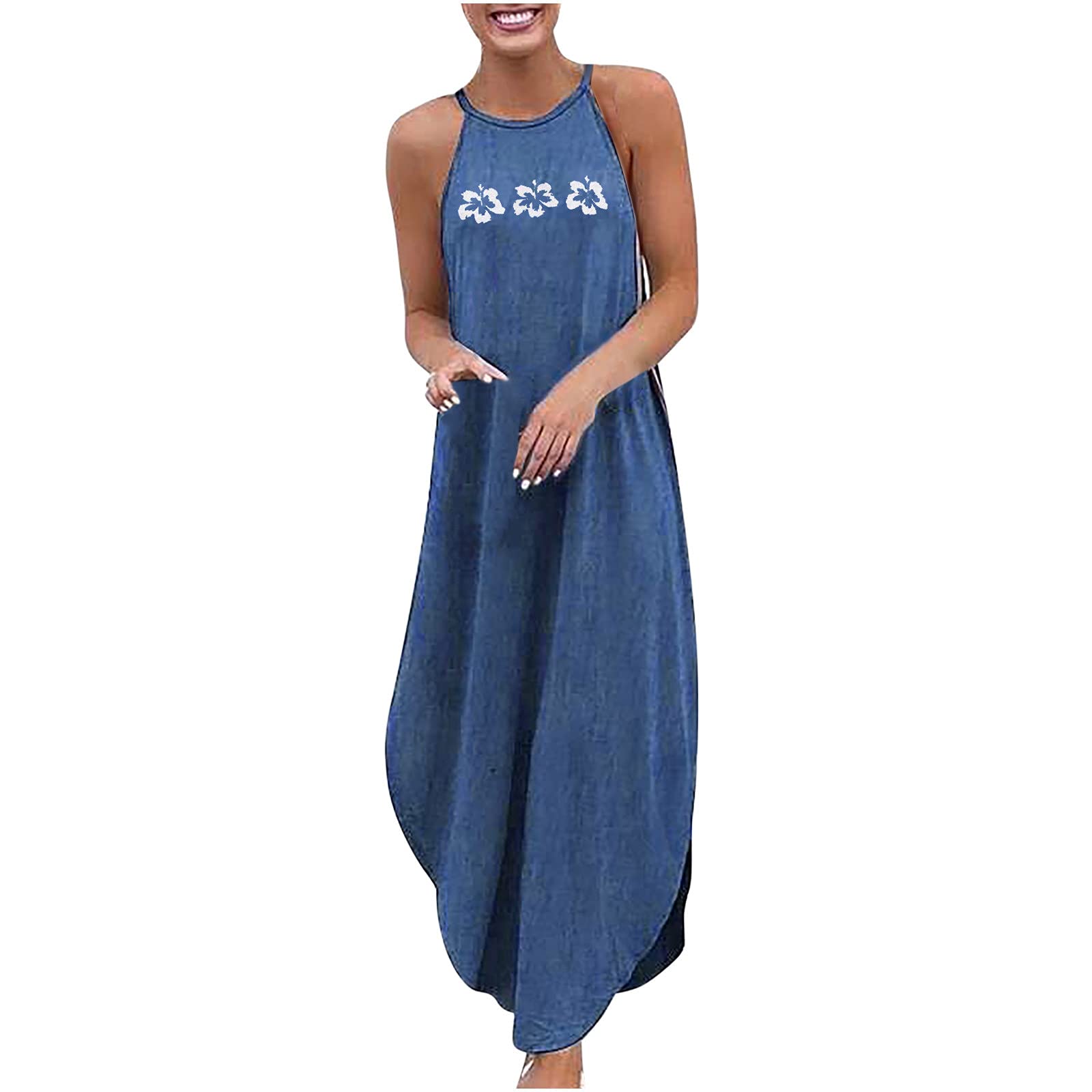 LADIGASU Women's Casual Loose Print Maxi Dress - Sleeveless Summer Beach Dress for Women, Blue, XL | Perfect for Beach Parties, Vacations & Outdoor Summer Events