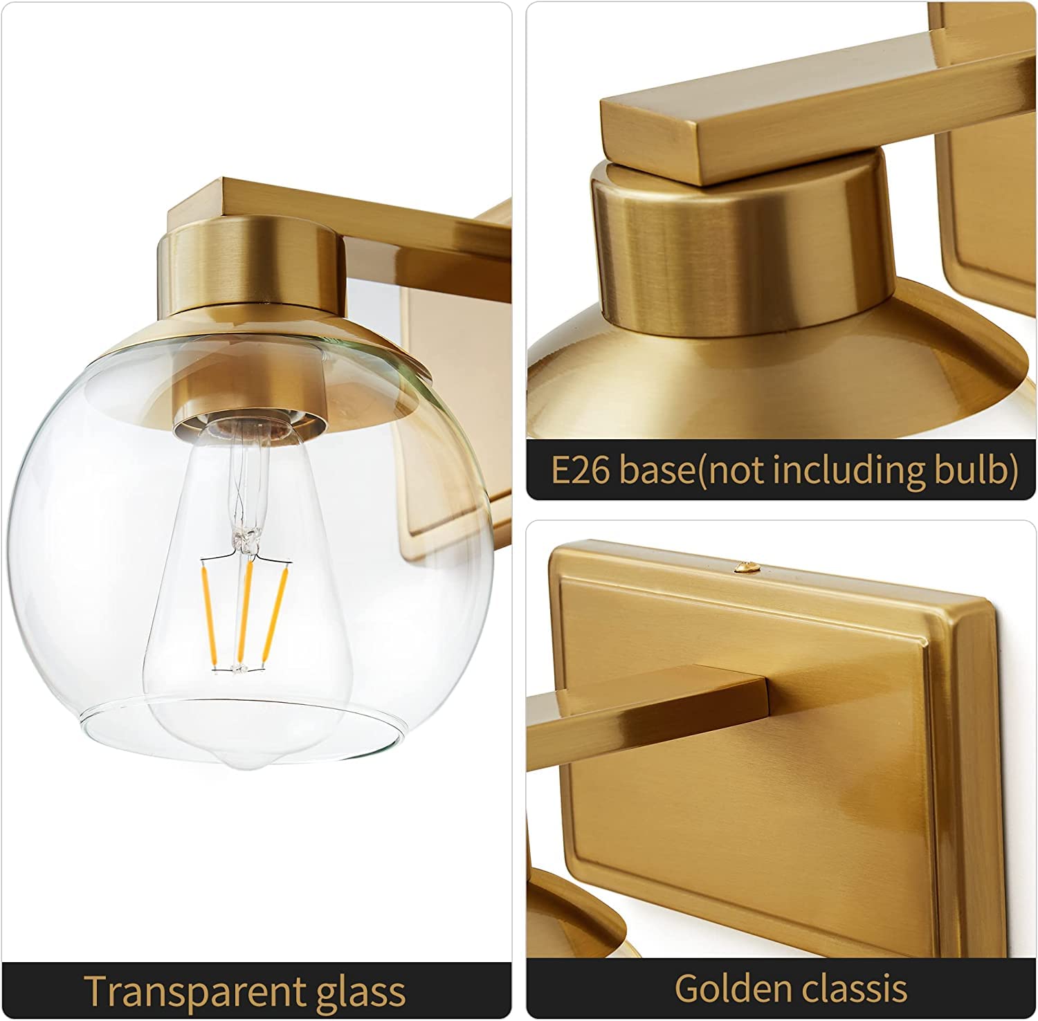 Brushed Brass Wall Sconces Set of 2 - Clear Glass Lamp for Bedroom, Bathroom & Living Room Lighting