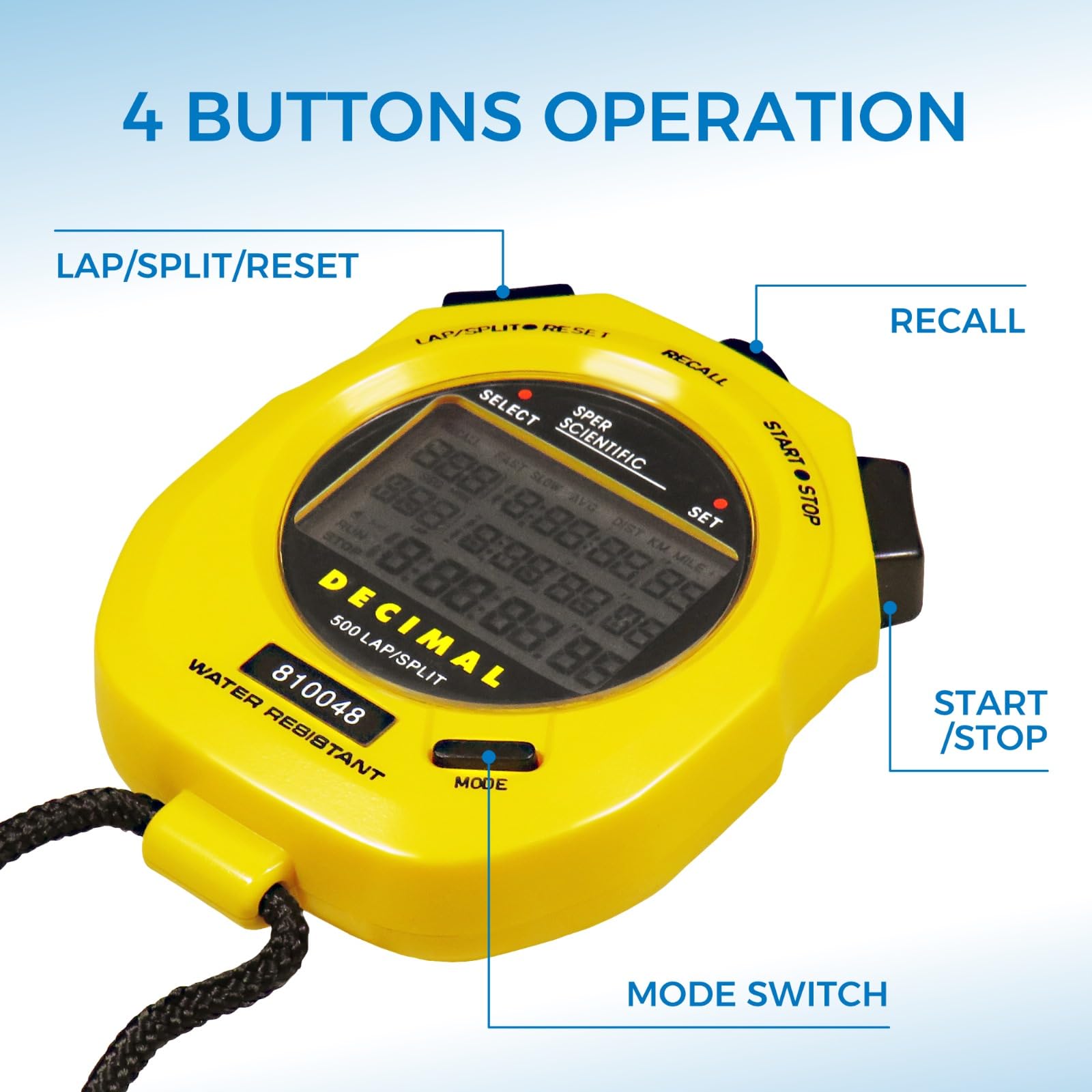 Sper Scientific Waterproof Stopwatch with Decimal Display & Multi-Split Timer - Ideal for Sports Training, Coaching, Industrial Work & Fitness Tracking